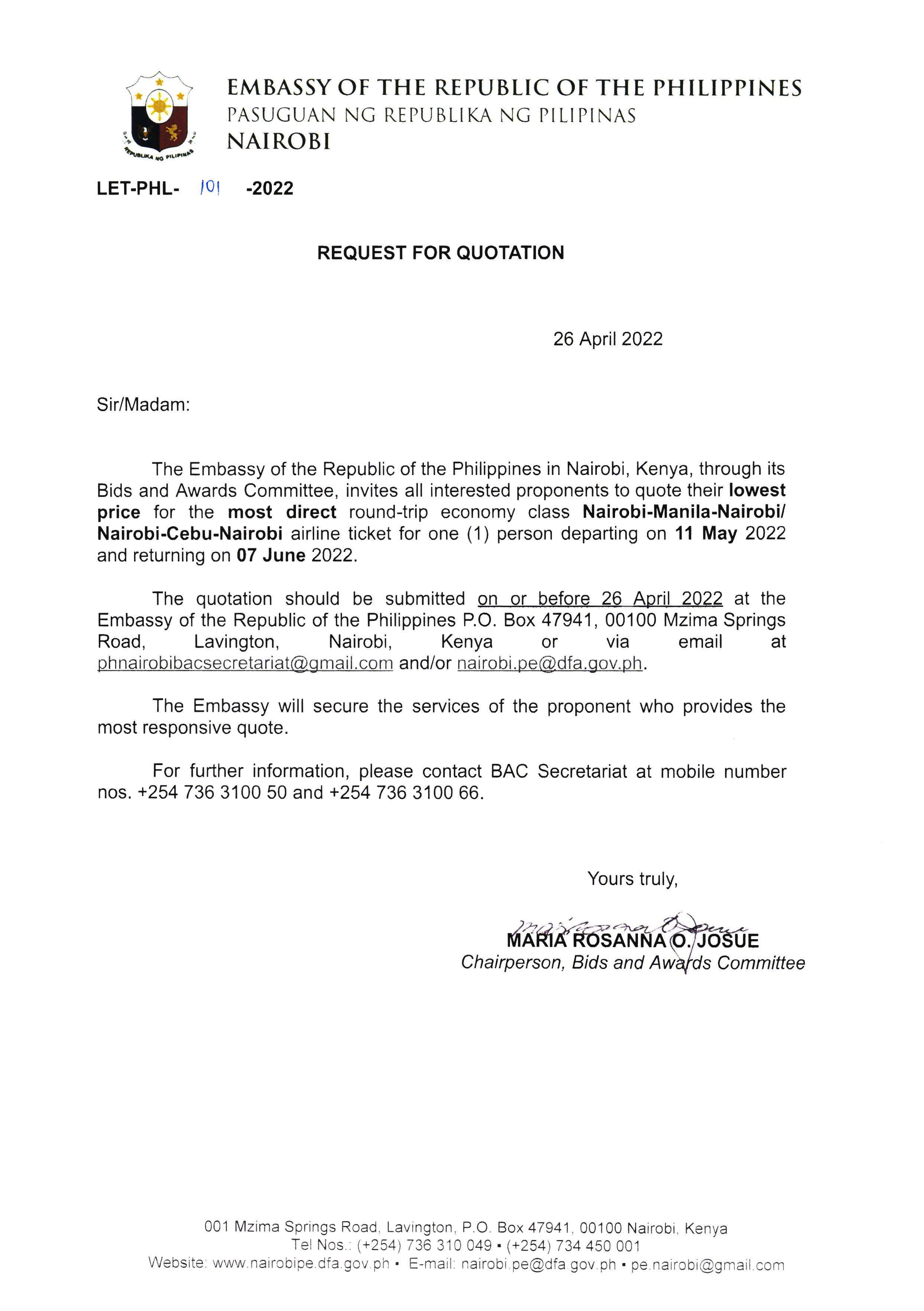LET PHL 101 2022 BAC Request for Quotation Economy Class Ticket NBO MNL NBO NBO CEB NBO