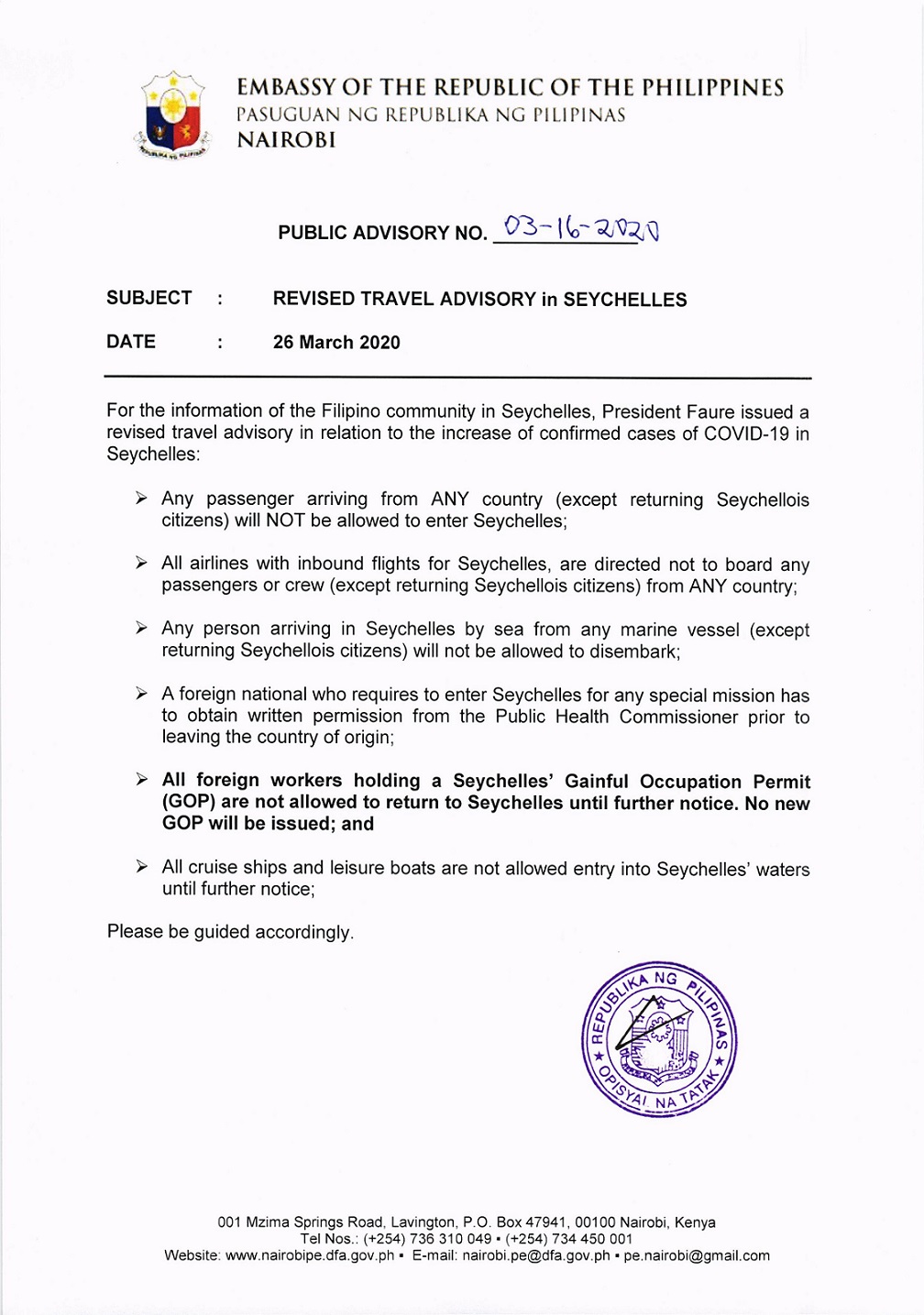 Advisory 03 16 Revised Travel Advisory in Seychelles