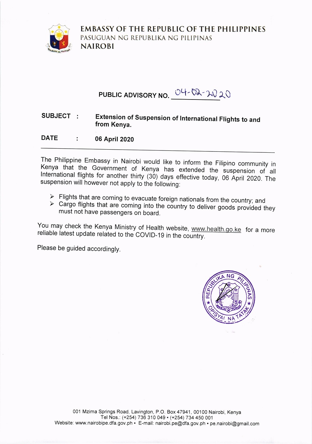 Advisory 04 02 2020 Extension of Suspension of Intl Flts