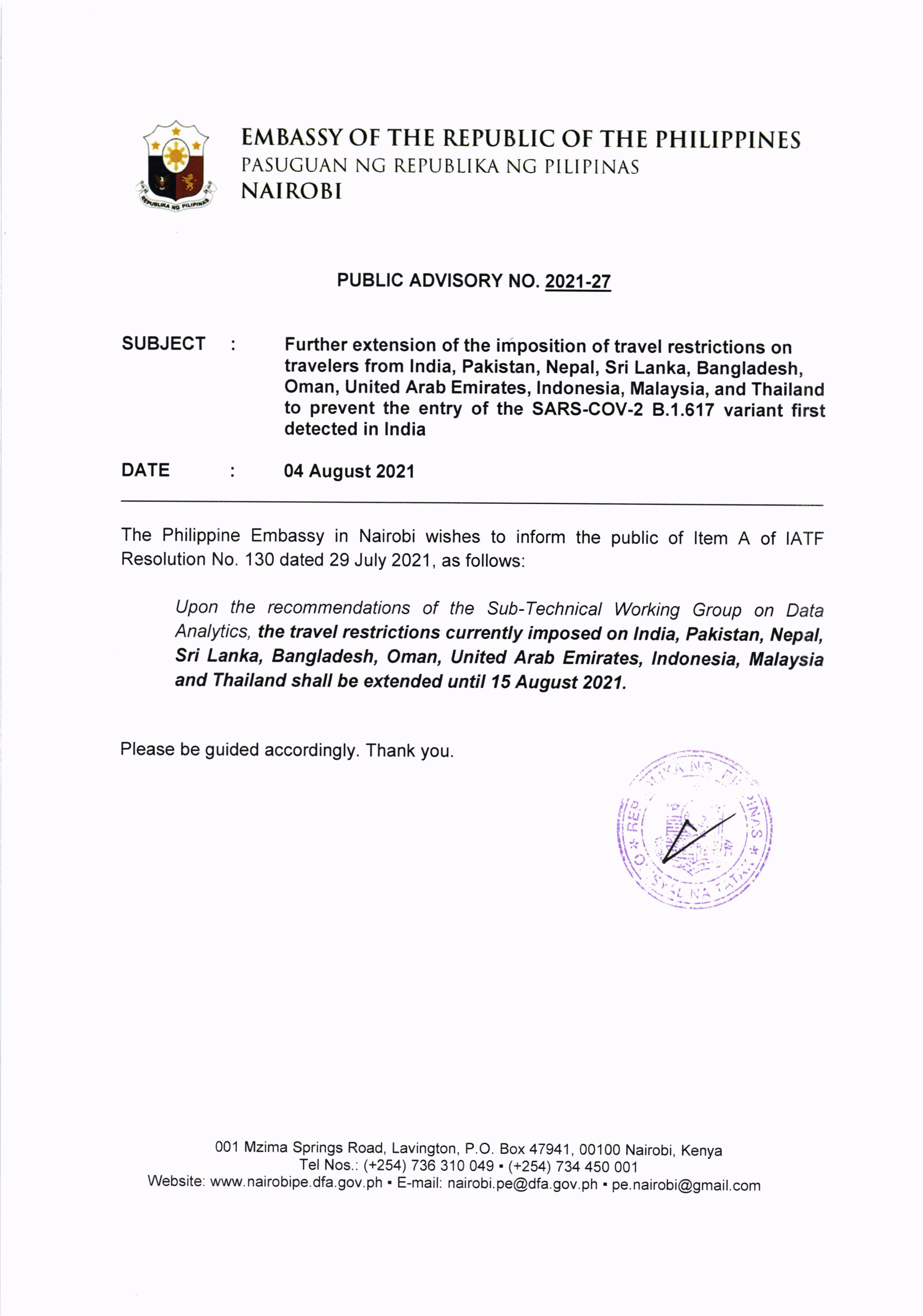 Further extension of the imposition of travel restrictions on travelers from India Pakistan Nepal Sri Lanka Bangladesh Oman United Arab Emirates Indonesia Malaysia and Thailand to prevent the entry of the SARS COV 2