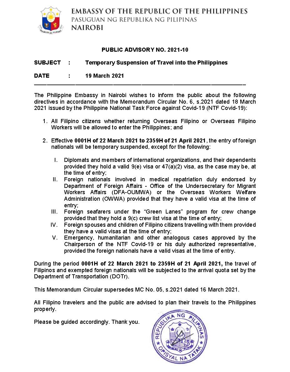 Public Advisory 2021 10 Temporary Suspension of Travel into the Philippines
