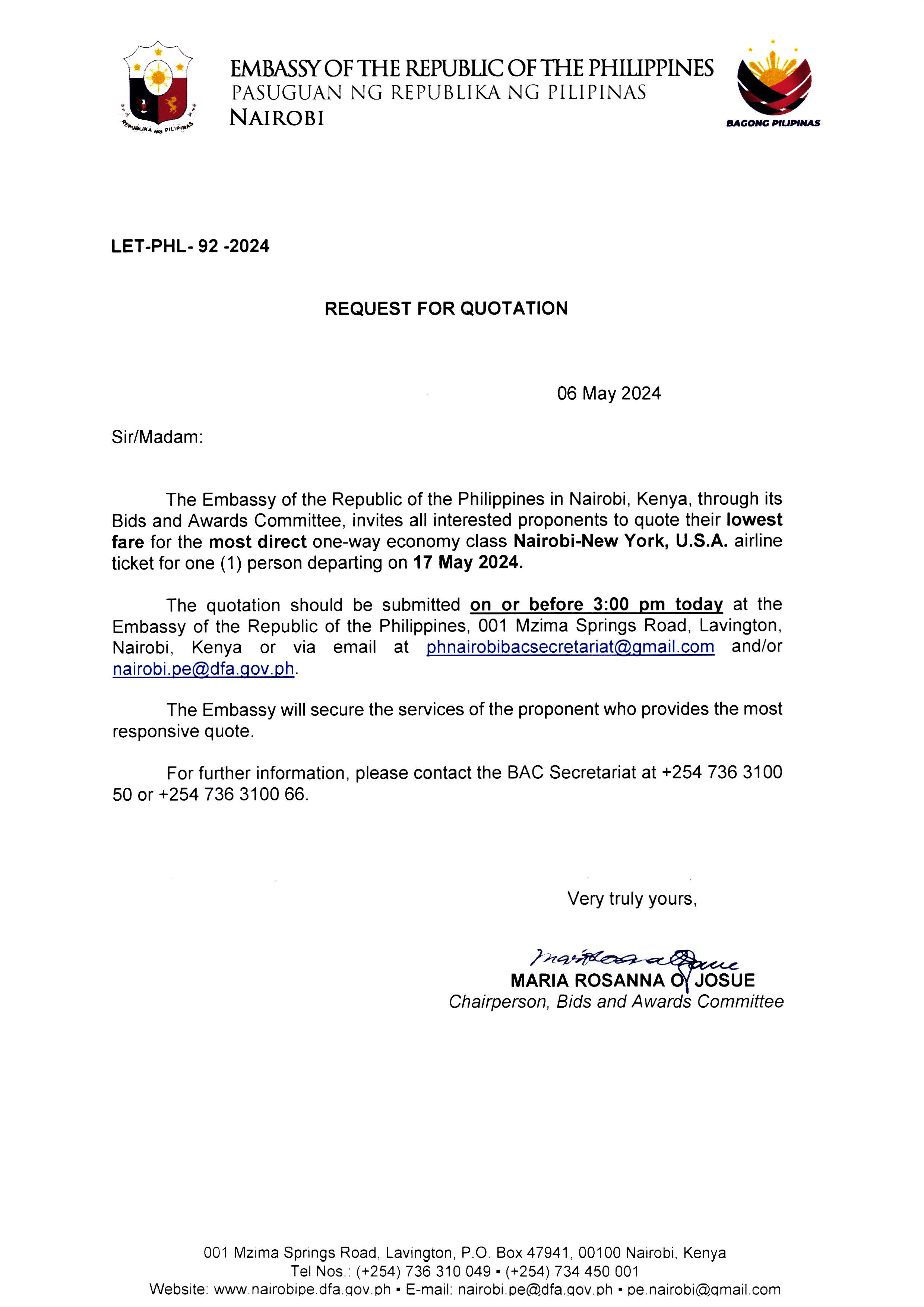 LET PHL 92 2024 REQUEST FOR QUOTATION ONE WAY AIRLINE TICKET NAIROBI NEW YORK USA 17 MAY 2024