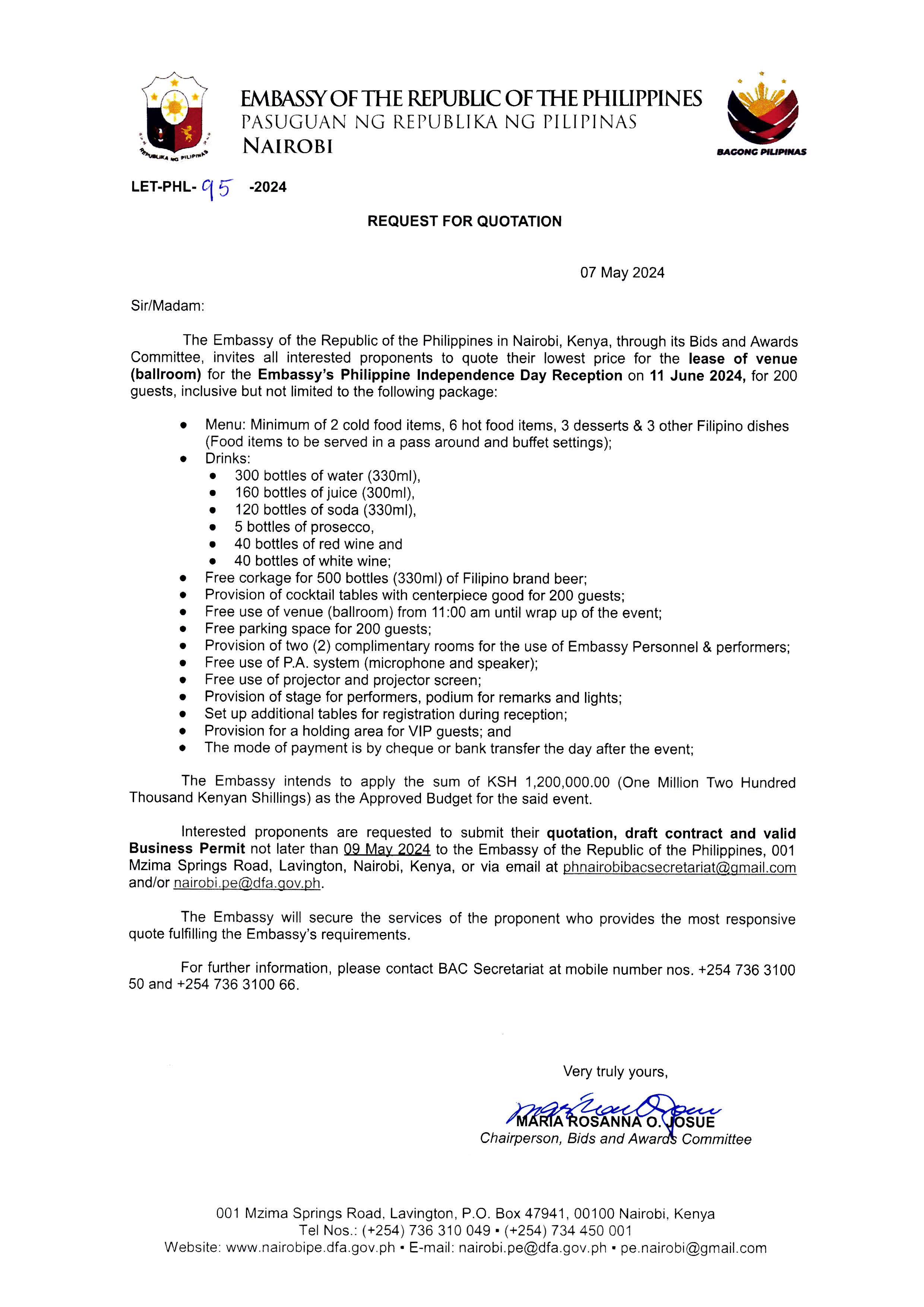 LET PHL 95 2024 Request for Quotation Lease of Venue for the Embassys Philippine Independence Day Reception