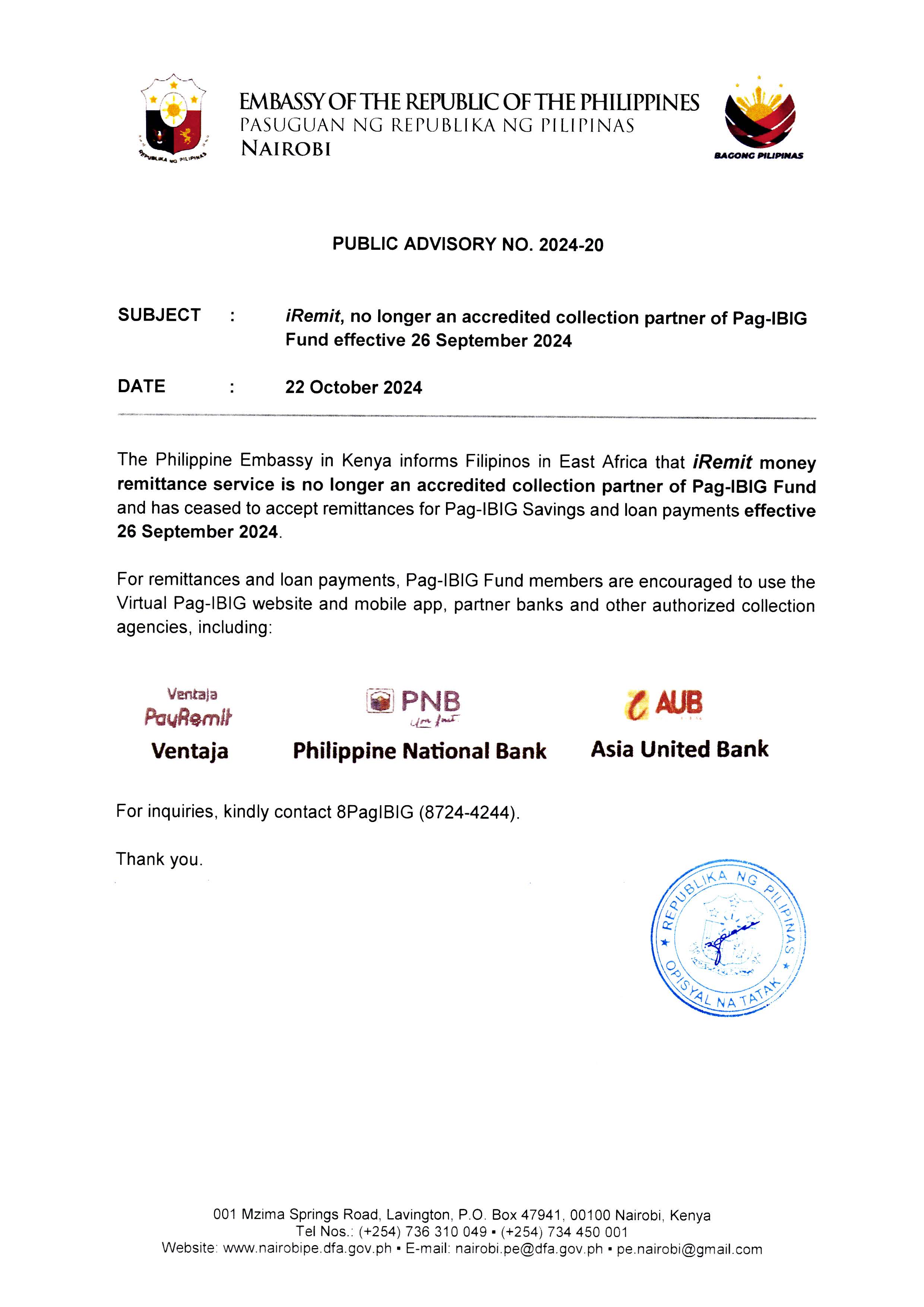 Public Advisory 2024 2020 iRemit no longer an accredited collection partner of Pag Ibig Fund effective 26 Sept 2024