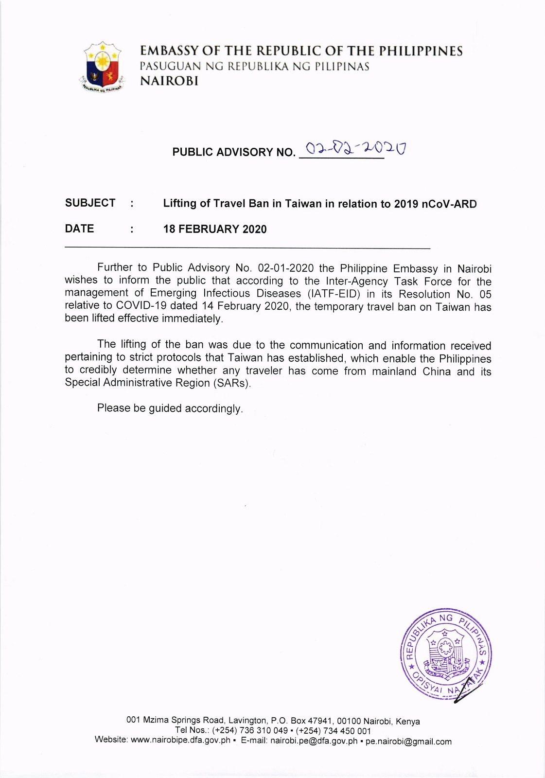 ADV 02 02 2020 Lifting of Travel Ban in Taiwan