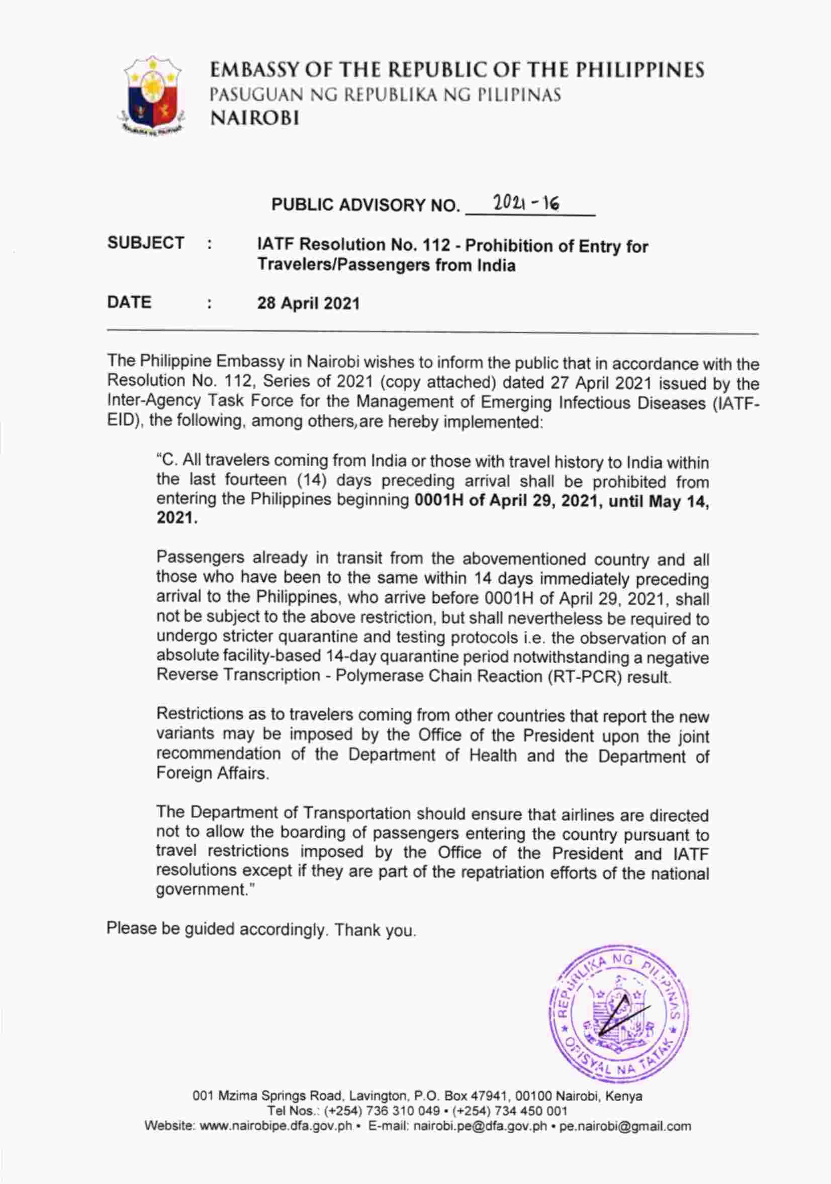 Public Advisory No. 2021 16 Page 1