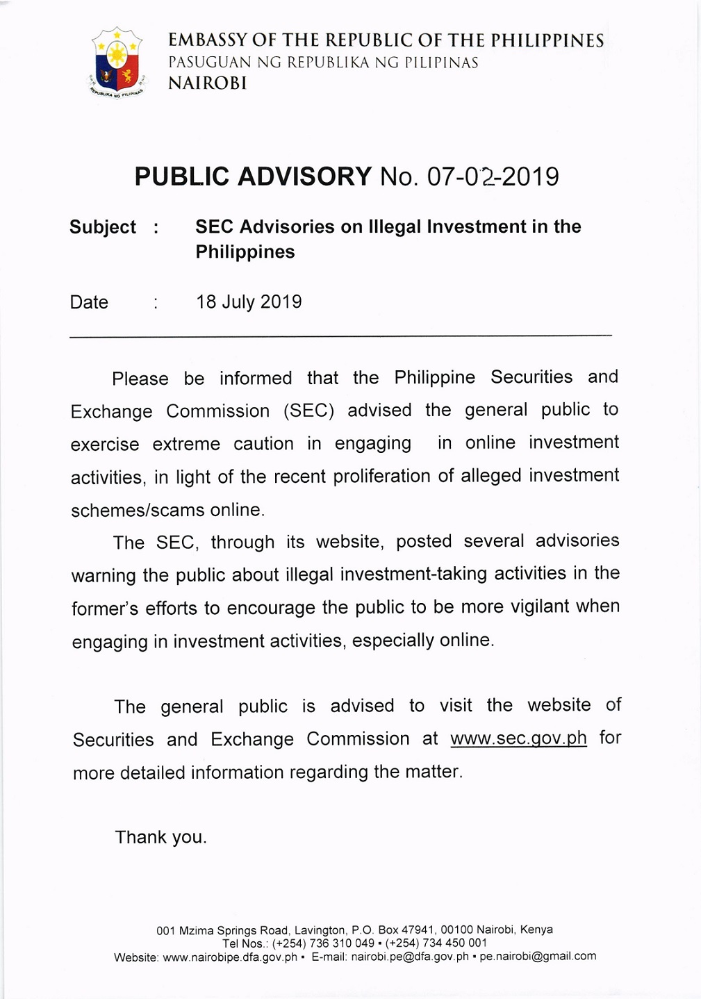 Advisory No. 7 02 2019 SEC Advisory