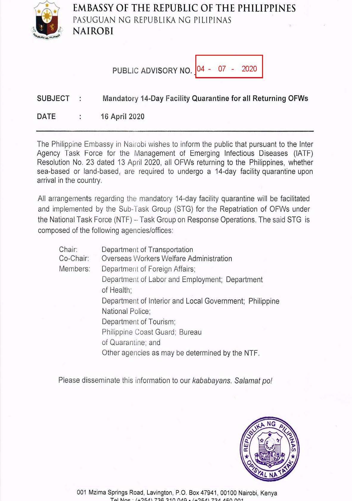 Advisory No 04 07 2020 Mandatory 14 day Quarantine