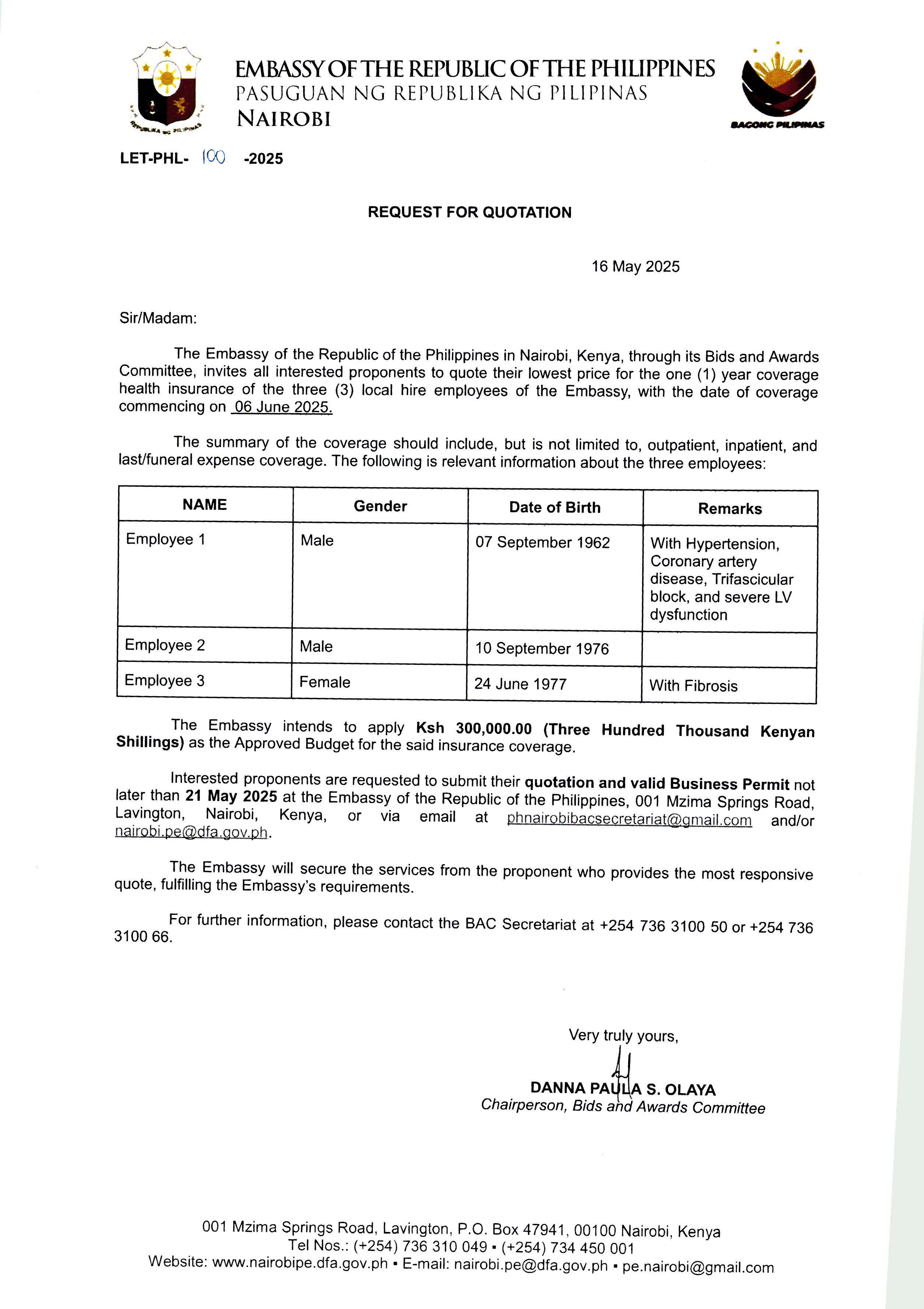 LET PHL 100 2025 BAC Request for Quotation One 1 year coverage health insurance of the three 3 local hires of the Embassy