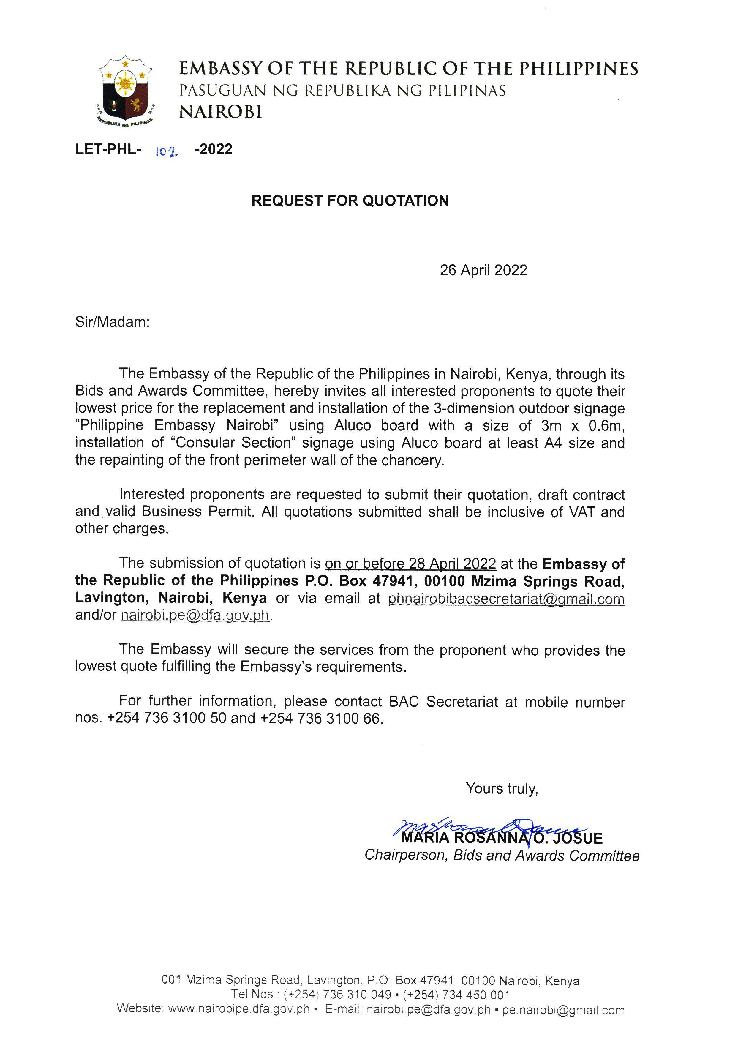 LET PHL 102 2022 BAC Request for Quotation Installation of 3 dimension signage Philippine Embassy Nairobi