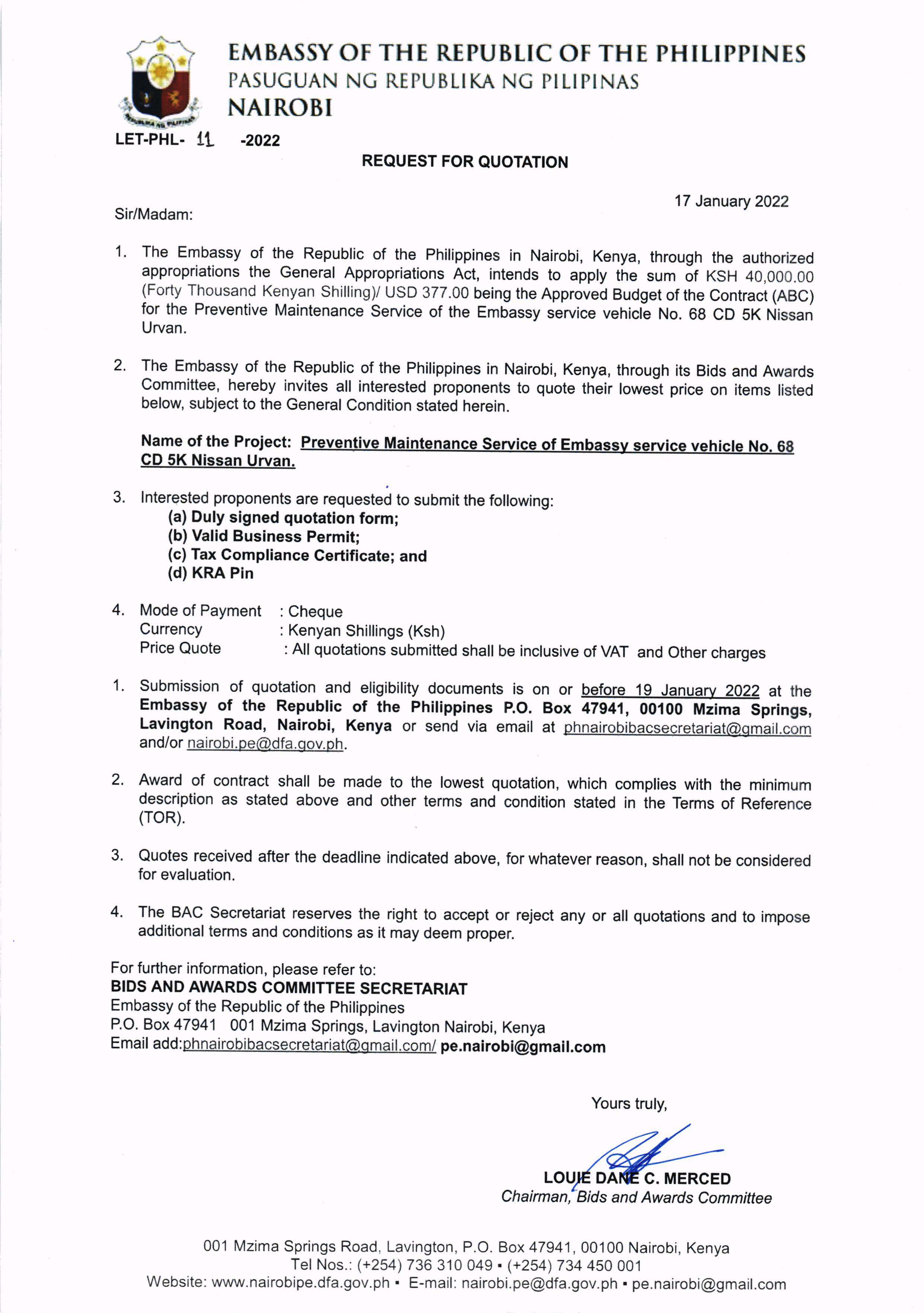 LET PHL 11 2022 BAC Request for Quotation Preventive Maintenance Service of the Embassy Vehicle 68CD5K Nissan Urvan