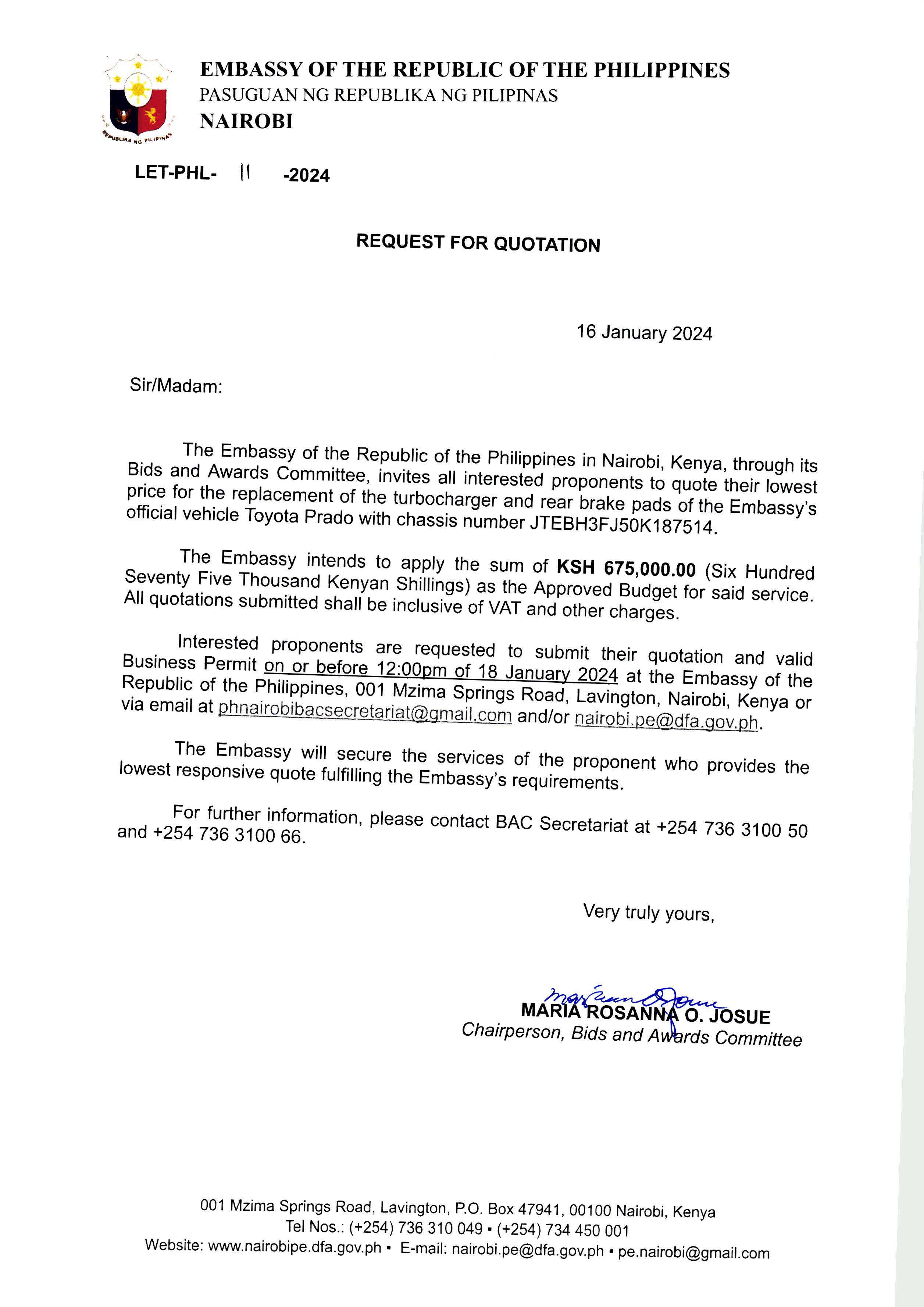 LET PHL 11 2024 BAC Request for Quotations Replacement of parts of official vehicle Toyota Prado 68CD6K with chassis number JTEBH3FJ50K187514