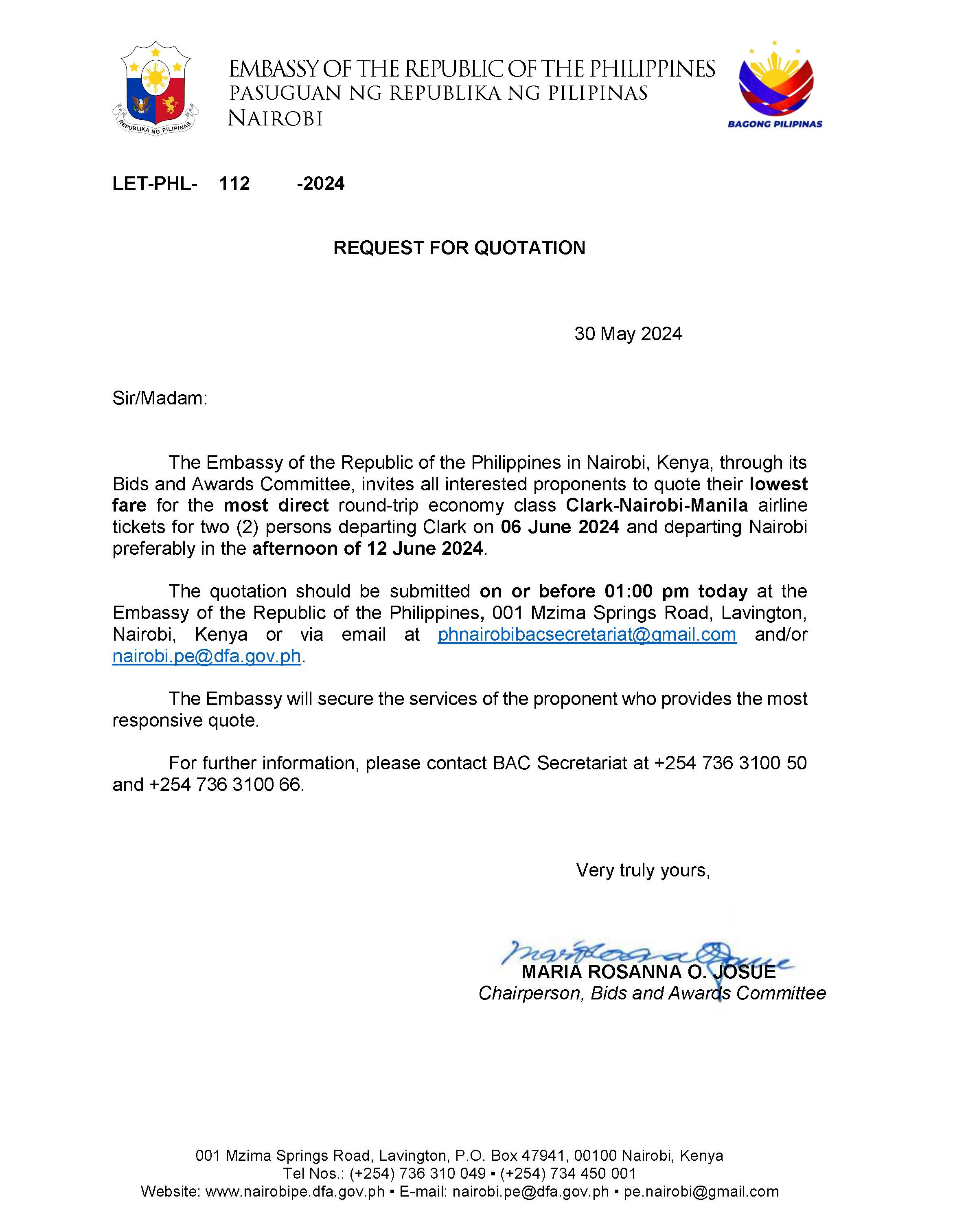 LET PHL 112 2024 BAC Request for Quotation Round trip Airfare Tickets Clark Nairobi Manila 6 to 12 June 2024