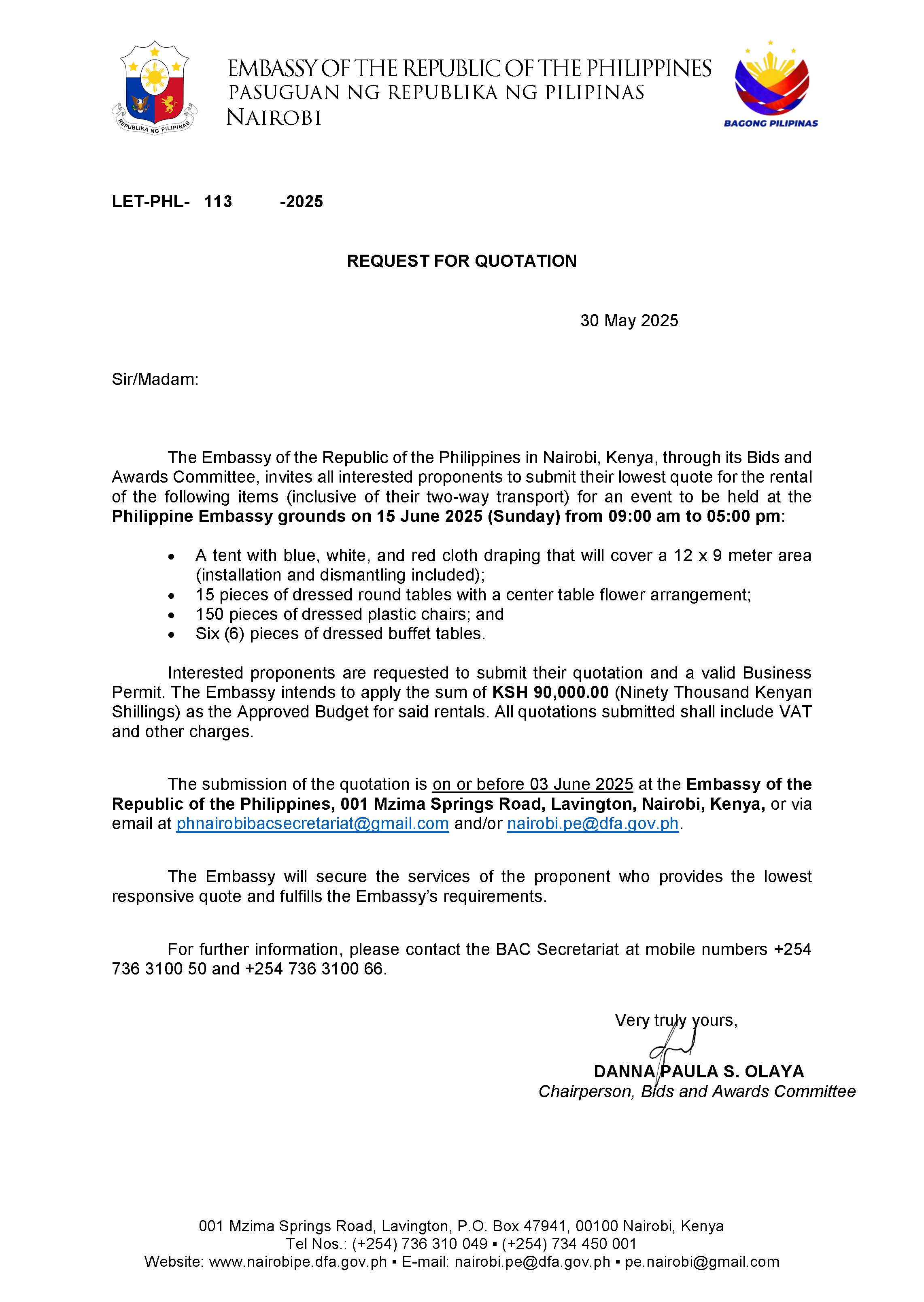 LET PHL 113 2025 BAC Request for Quotation Rental for PH Embassy Event Tents Chairs and Tables