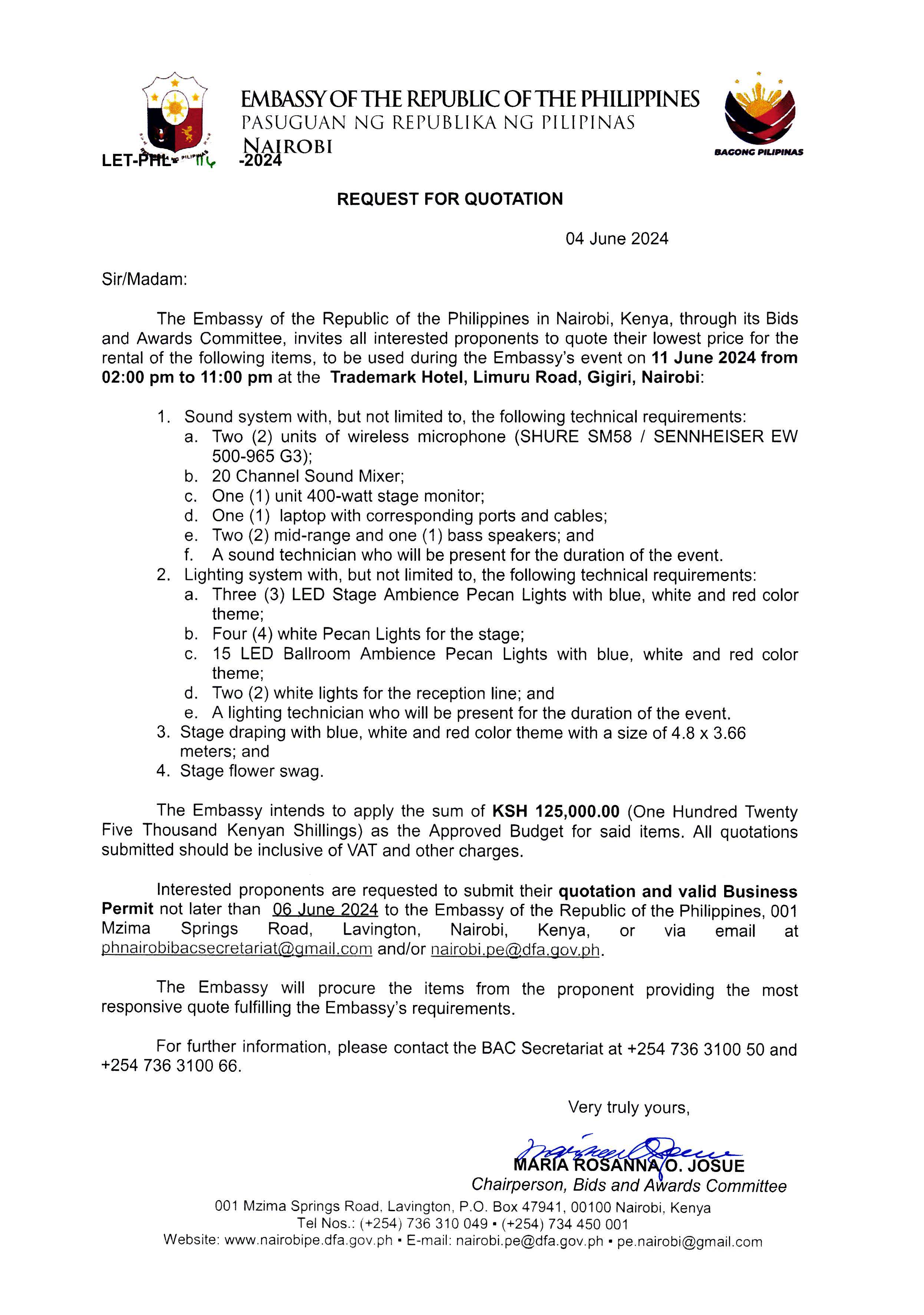 LET PHL 116 2024 BAC Request for Quotation Rental of Items to be used for the Philippine Diplomatic Reception 11 June 2024