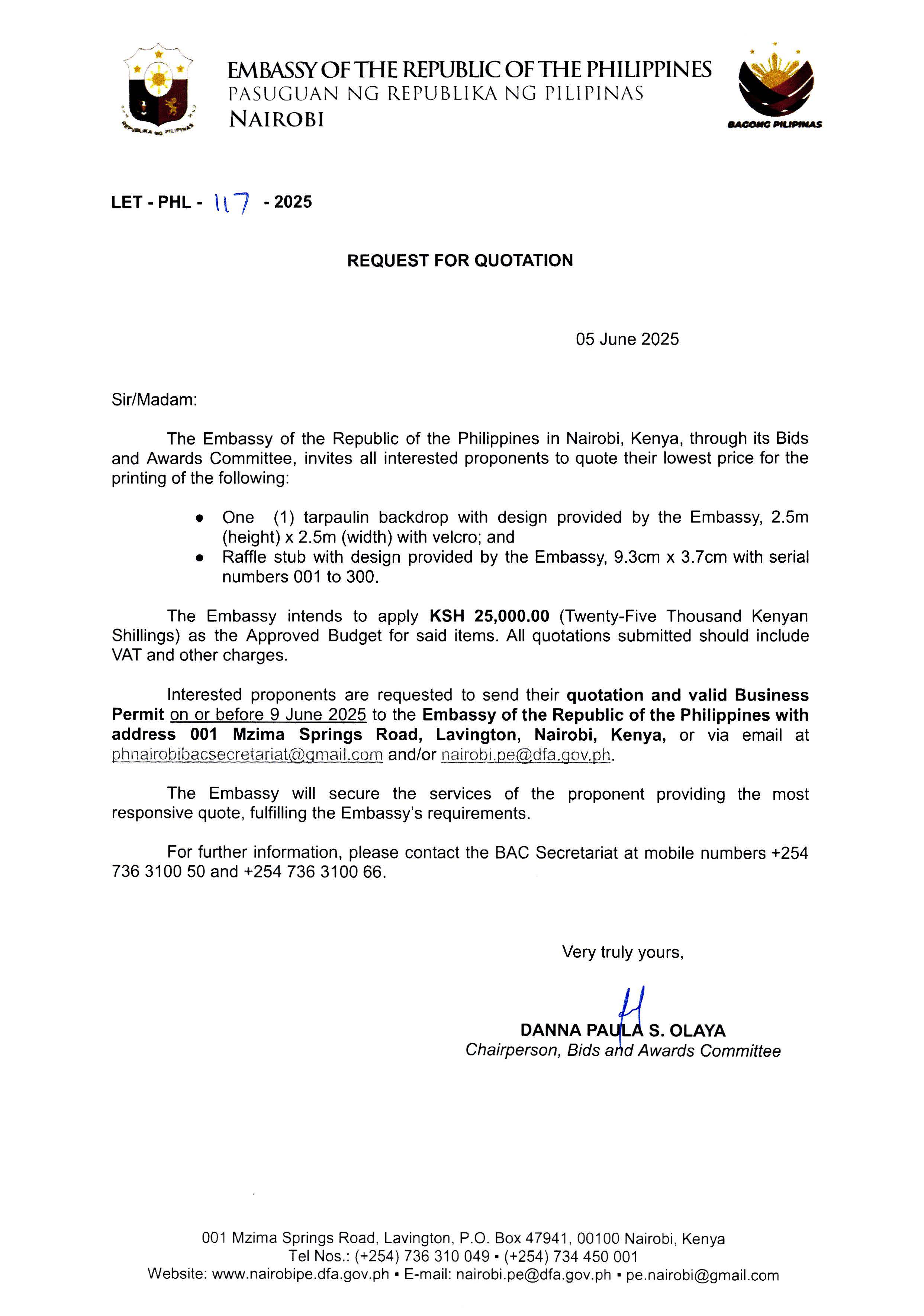 LET PHL 117 2025 BAC Request for Quotation Printing of tarpaulin and raffle stubs