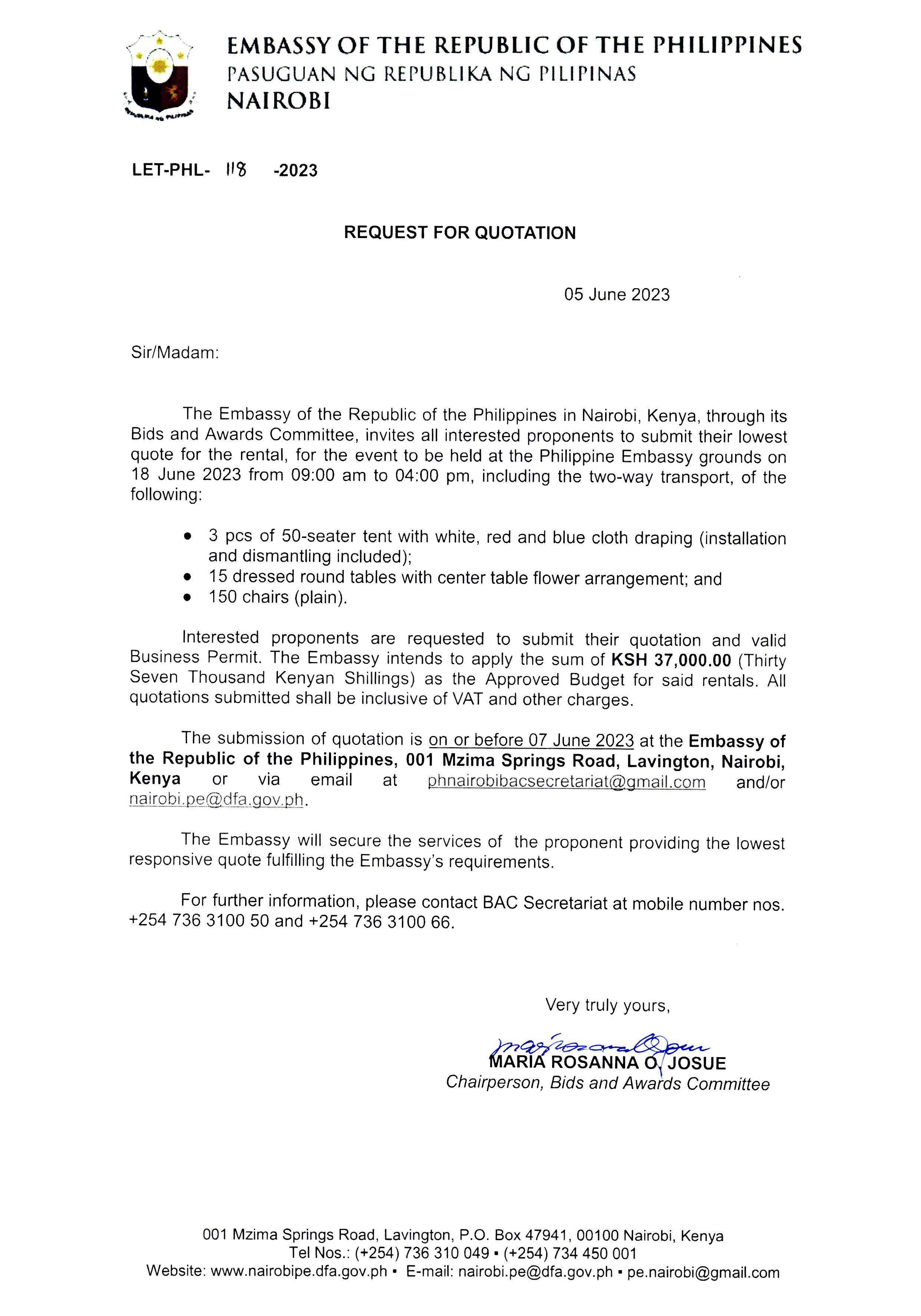 LET PHL 118 2023 BAC Request for Quotation Rental for the PH Embassy Independence Day Celebration 18 Jun 2023
