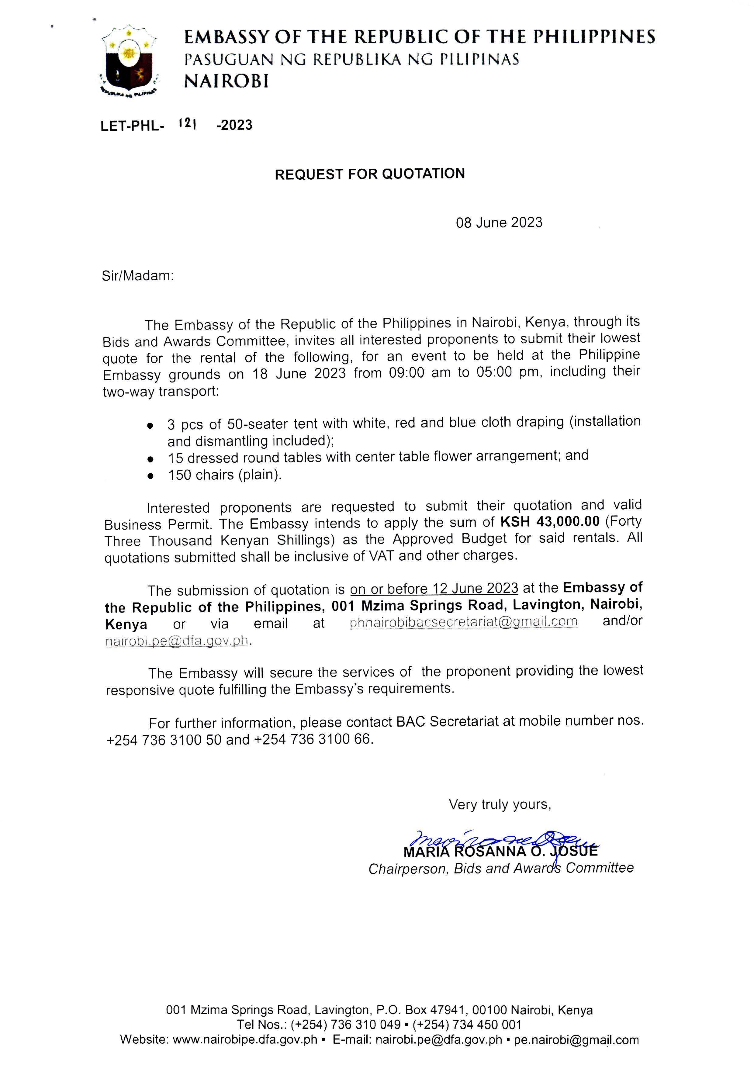 LET PHL 121 2023 BAC Request for Quotation Rental for the PH Embassy Independence Day Celebration 18 Jun 2023