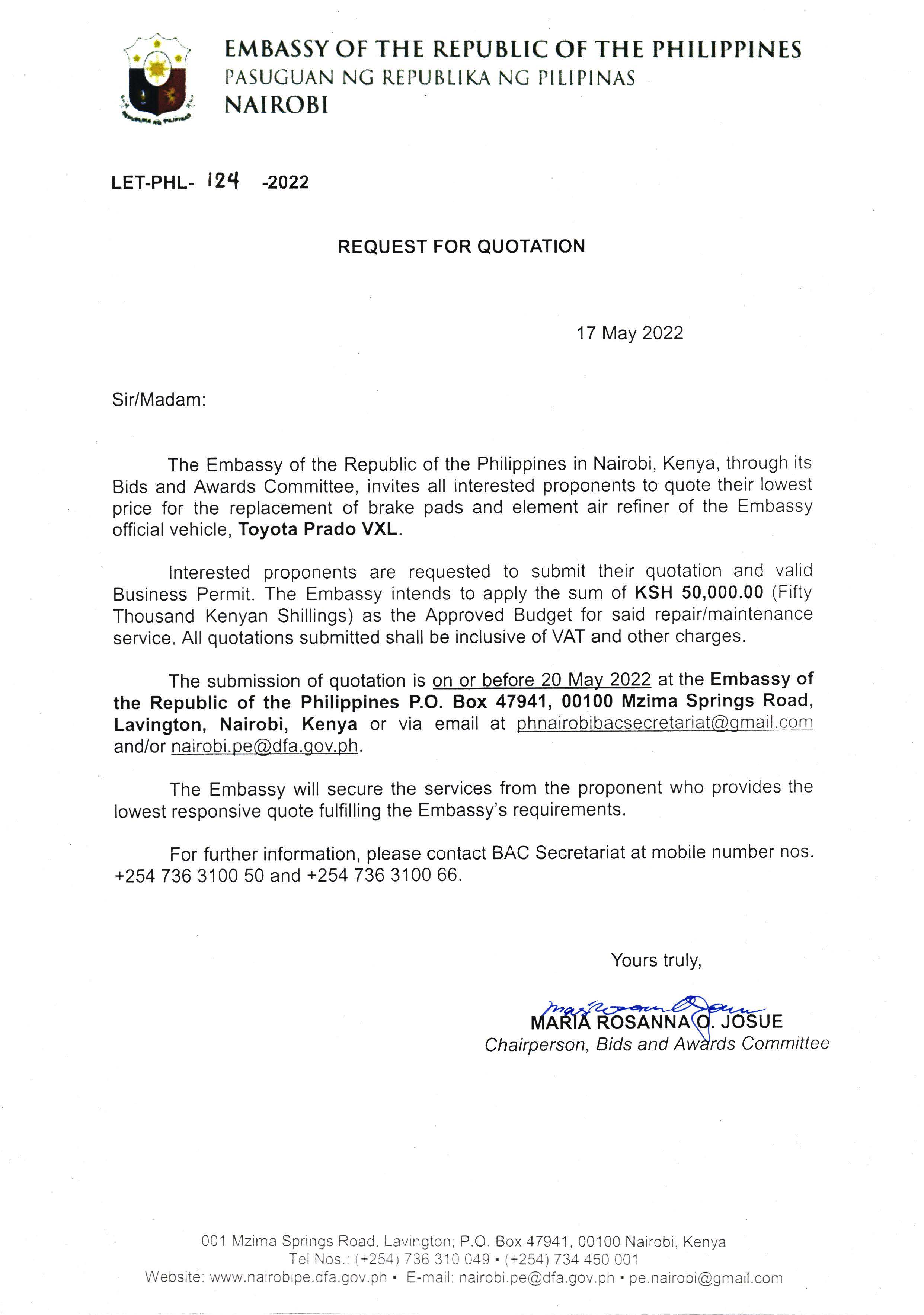 LET PHL 124 2022 BAC Request for Quotation Replacement of Brake Pads and Element Air Refiner of the Official Vehicle TOYOTA PRADO XVL