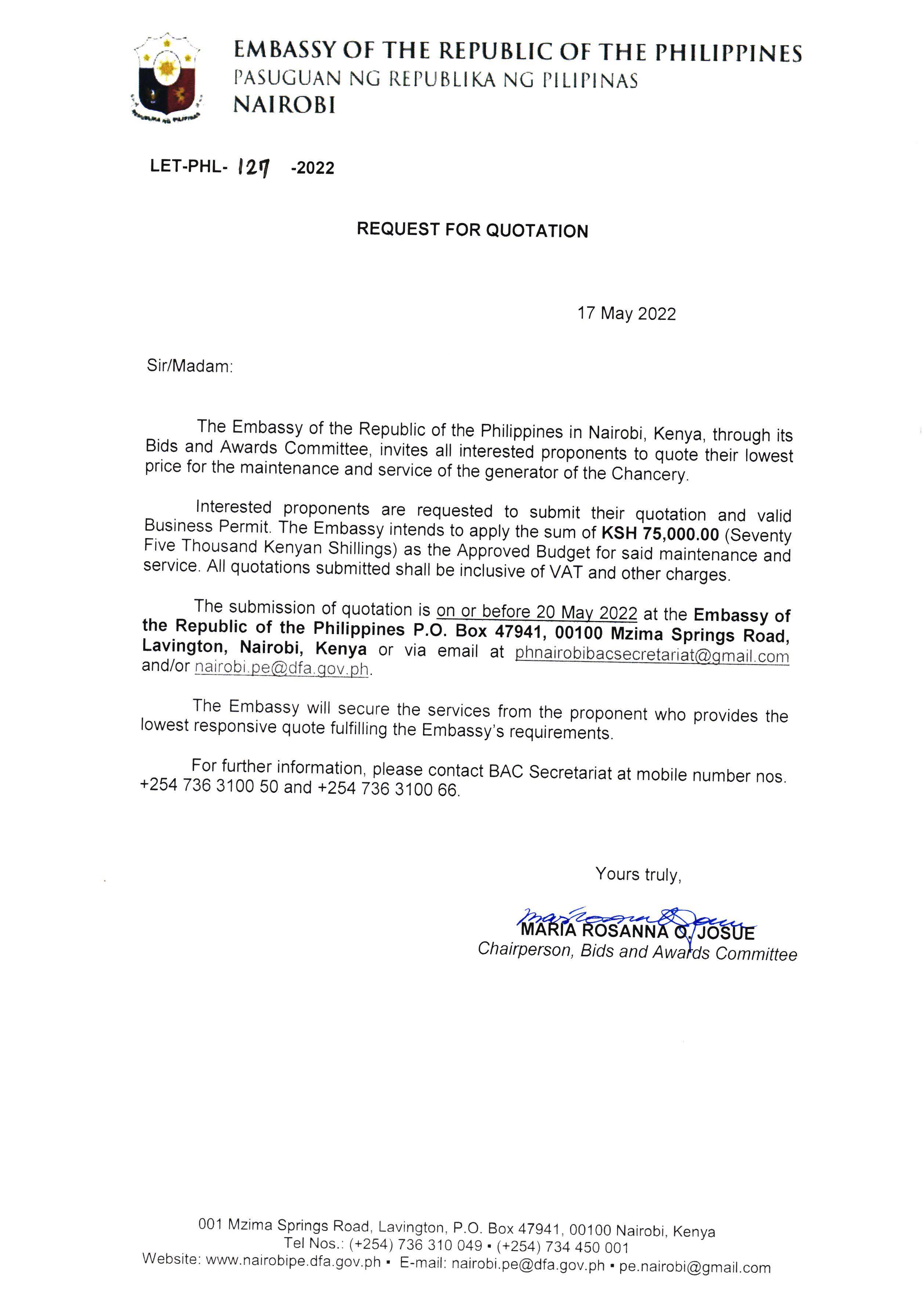 LET PHL 127 2022 BAC Request for Quotation Maintenance and Service of the Chancerys Generator