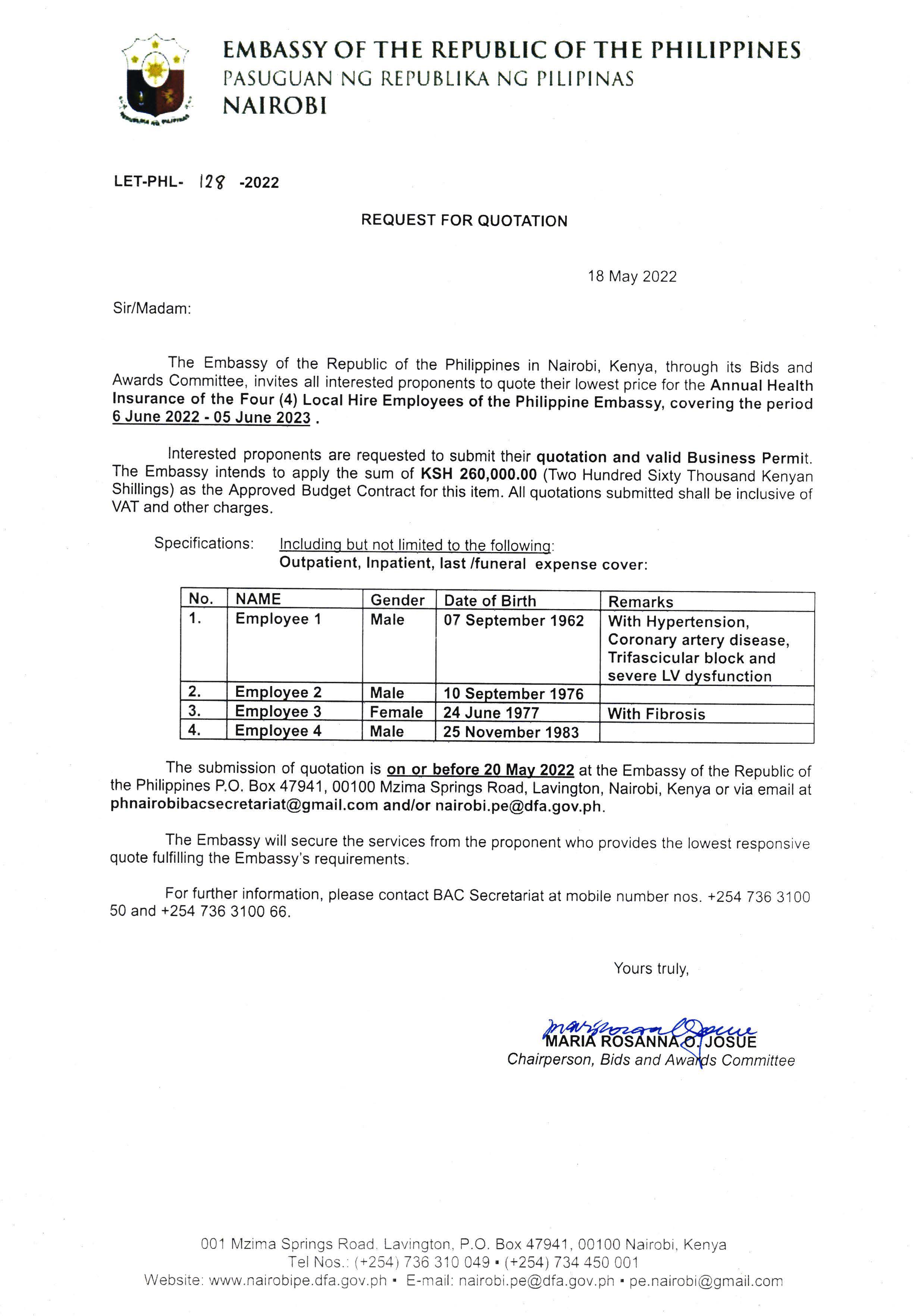 LET PHL 128 2022 BAC Request for Quotation Annual Health Insurance of Local Hires of the Philippine Embassy 06 June 2022 05 June 2023