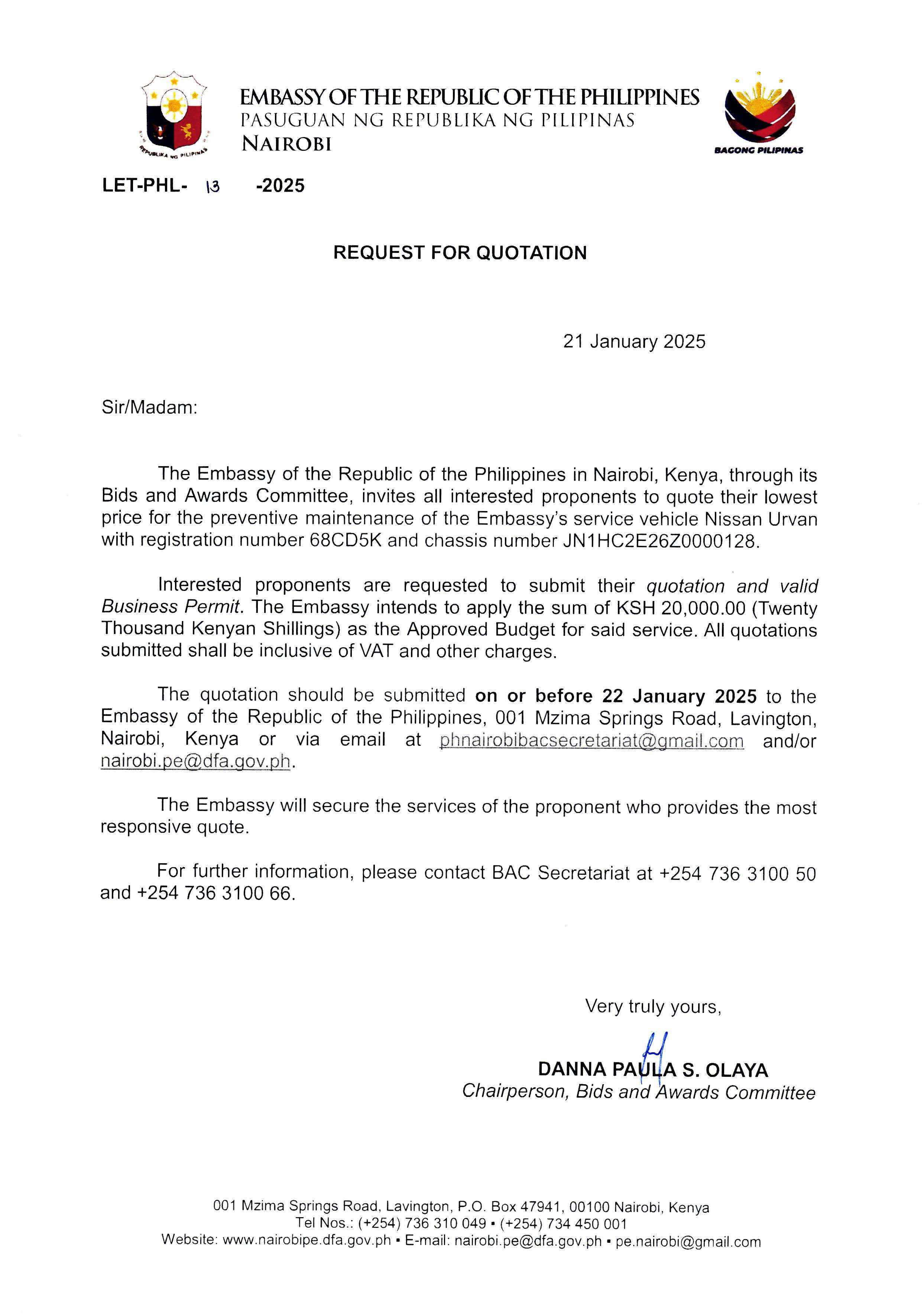 LET PHL 13 2025 BAC Request for Quotation Preventive Maintenance of the Embassys Service Vehicle Nissan Urvan 68CD5K