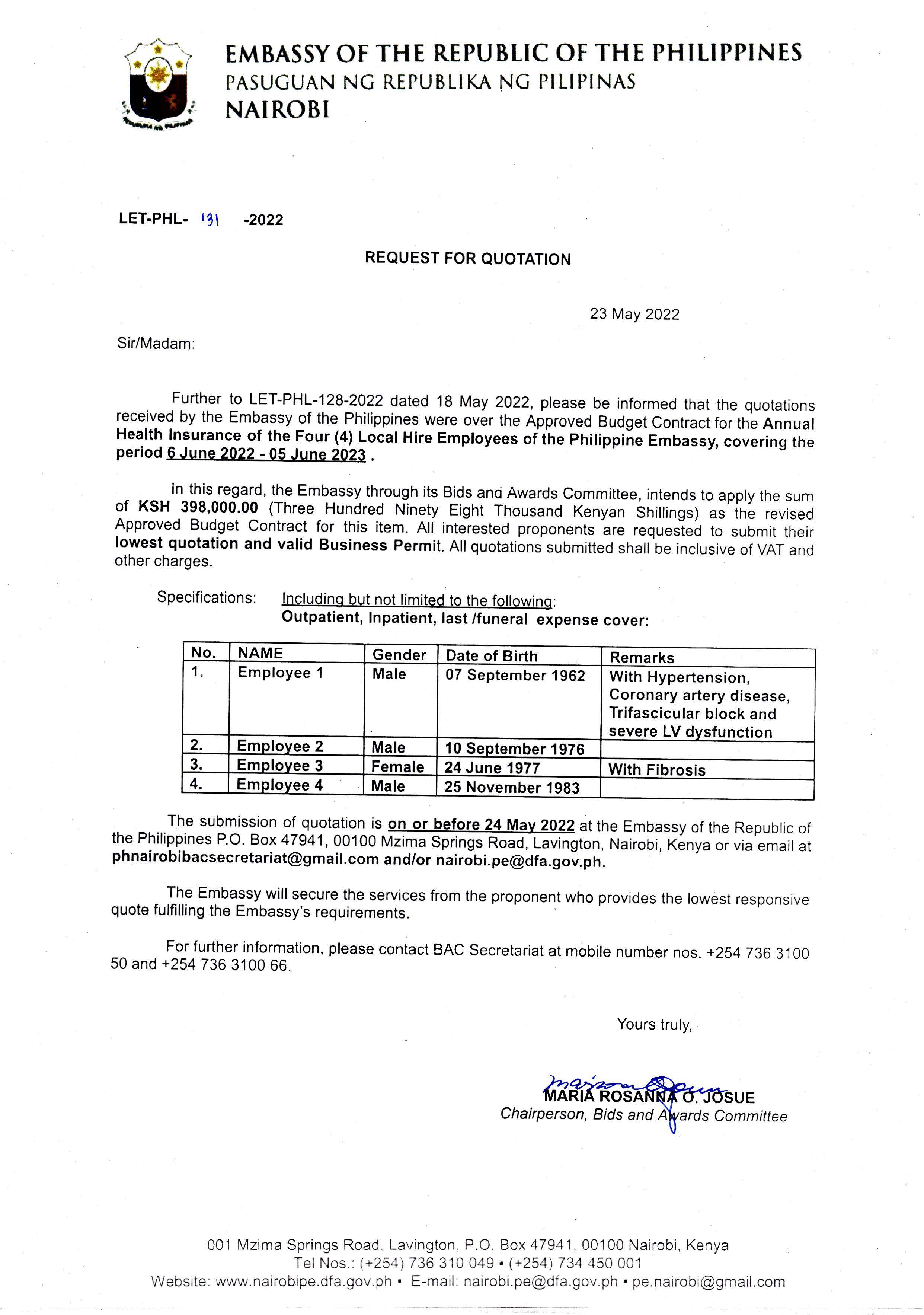 LET PHL 131 2022 BAC Request for Quotation Annual Health Insurance of the Local Hire Employees of the Philippine Embassy adjusted