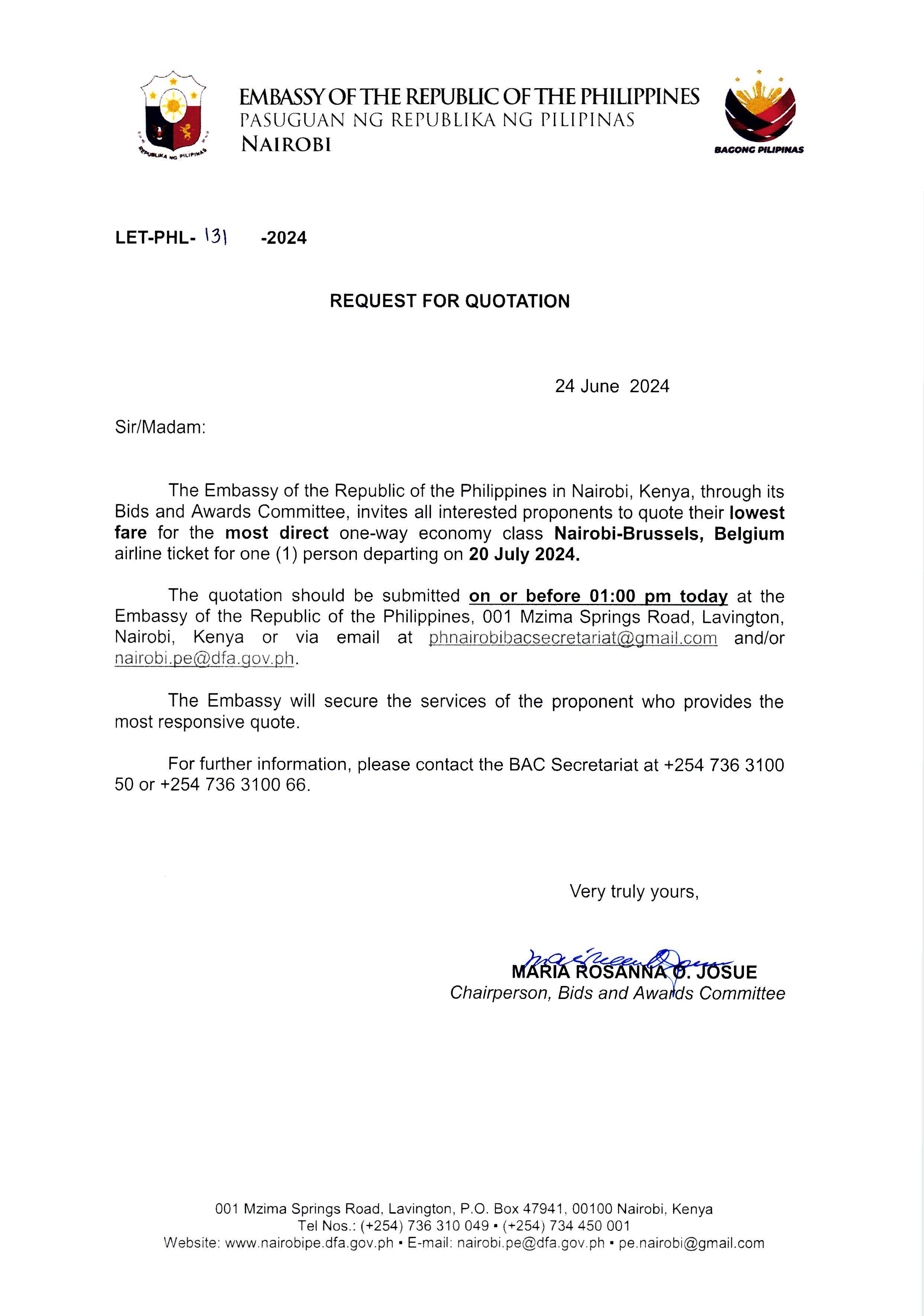 LET PHL 131 2024 BAC Request for Quotation One way ticket to Brussels Belgium 20 July 2024