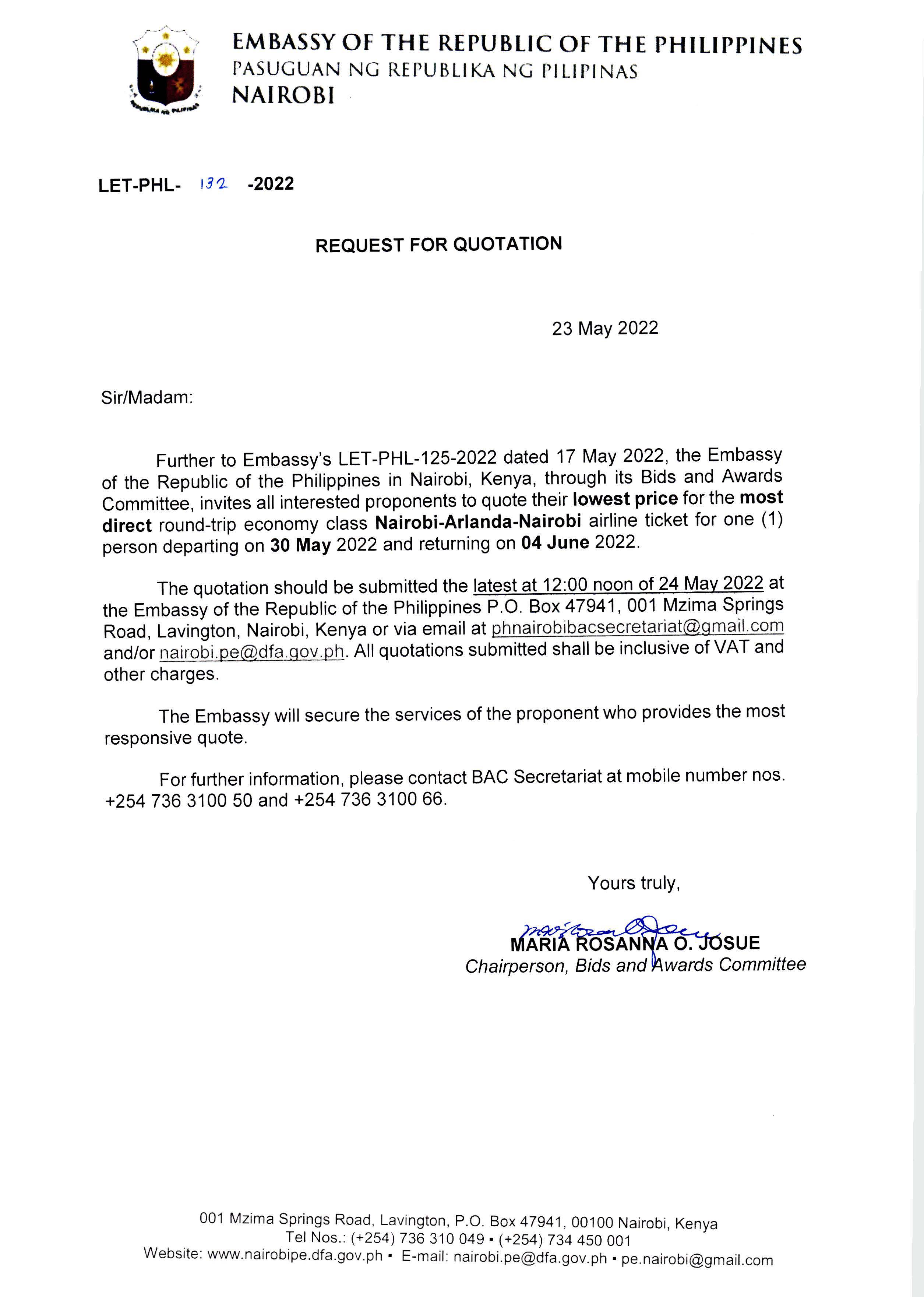LET PHL 132 2022 BAC Request for Quotation Roundtrip Economy Class Ticket NAIRBO ARLANDA NAIROBI 30 May 04 Jun