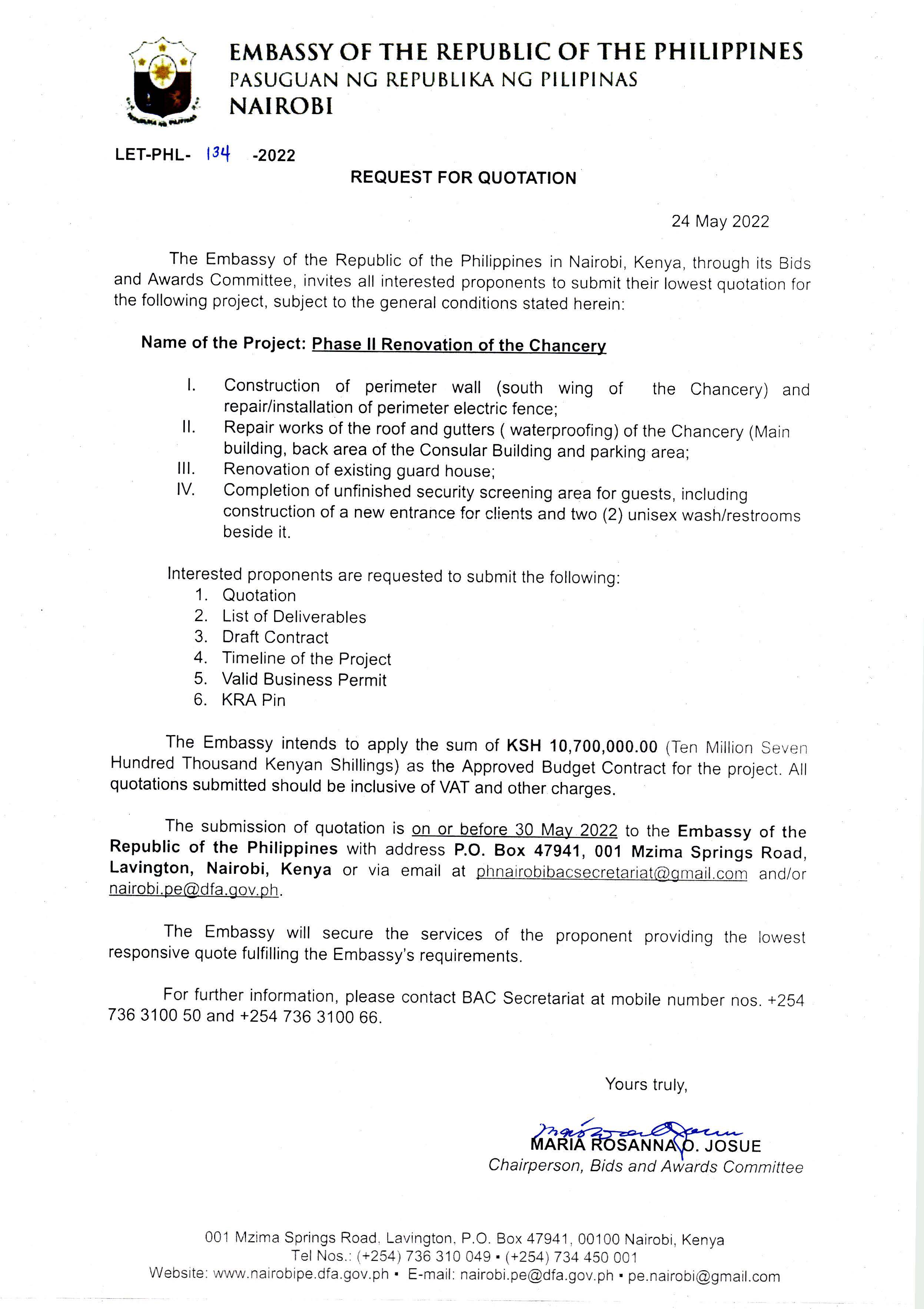 LET PHL 134 2022 BAC Request for Quotation Phase II Renovation of the Chancery Page 1