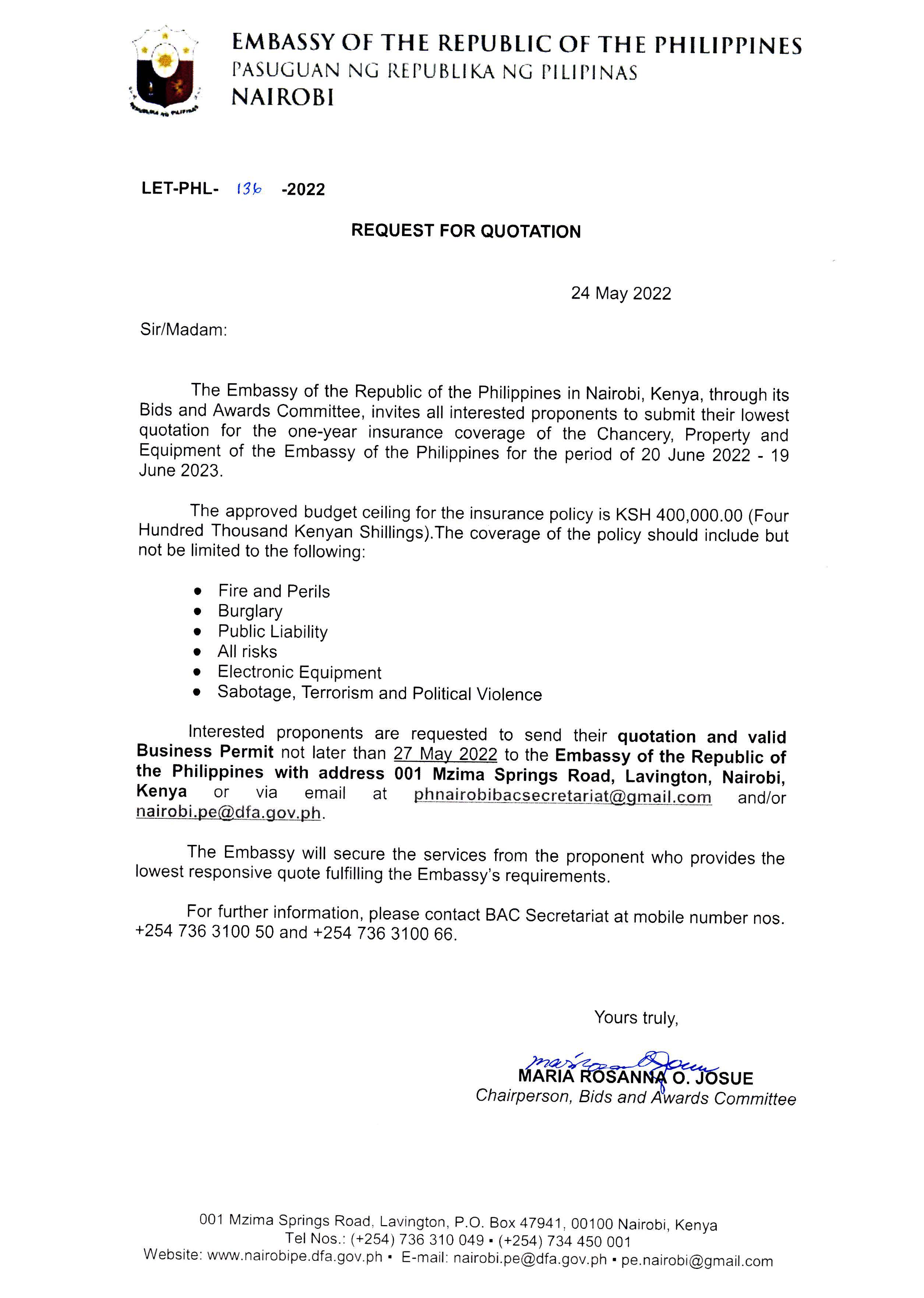 LET PHL 136 2022 BAC Request for Quotation Insurance Coverage of the Chancery Property and Equipment of the Embassy 20 Jun 2022 19 June 2023