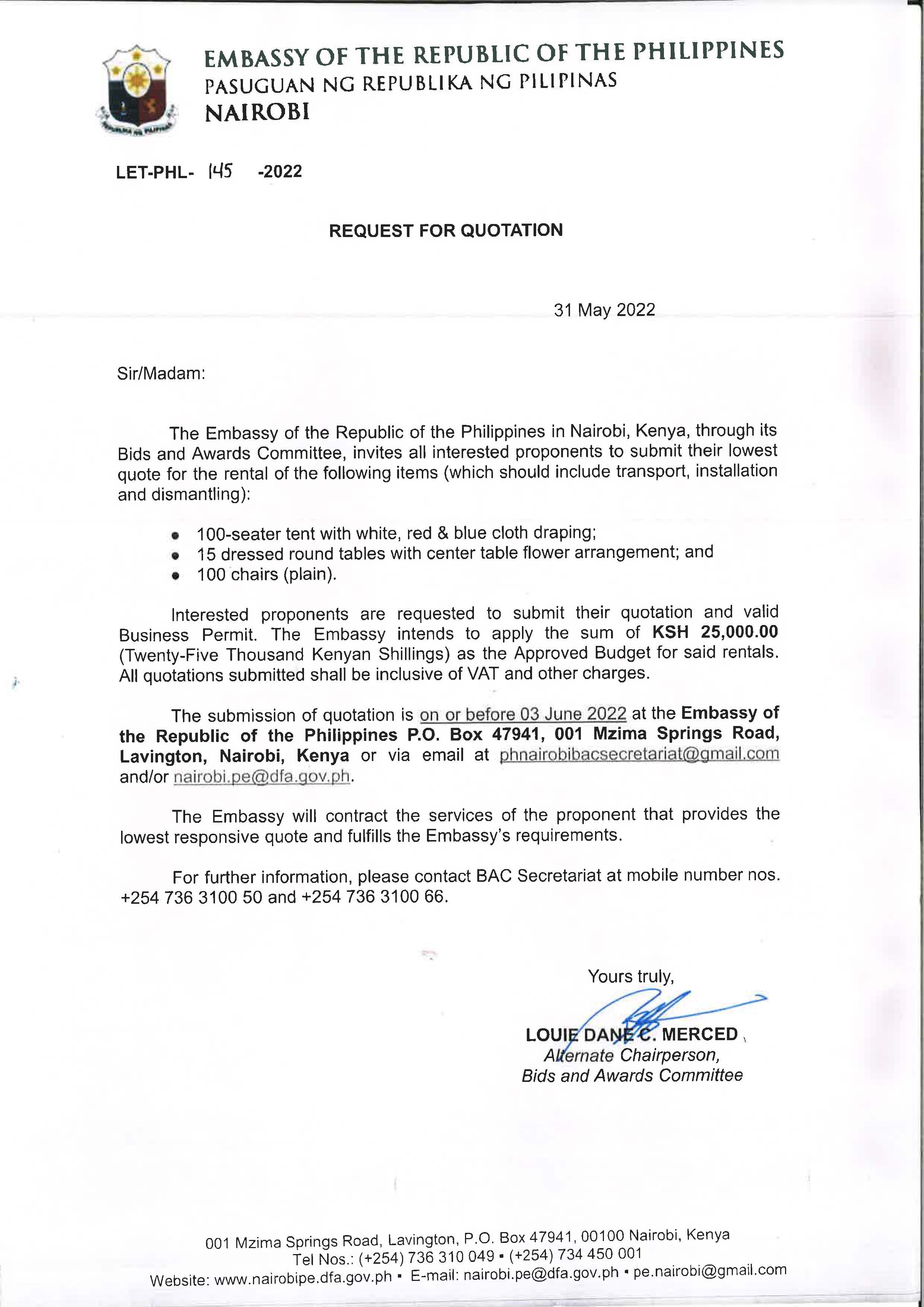 LET PHL 145 2022 BAC Request for Quotation Rental of Tent Tables and Chairs