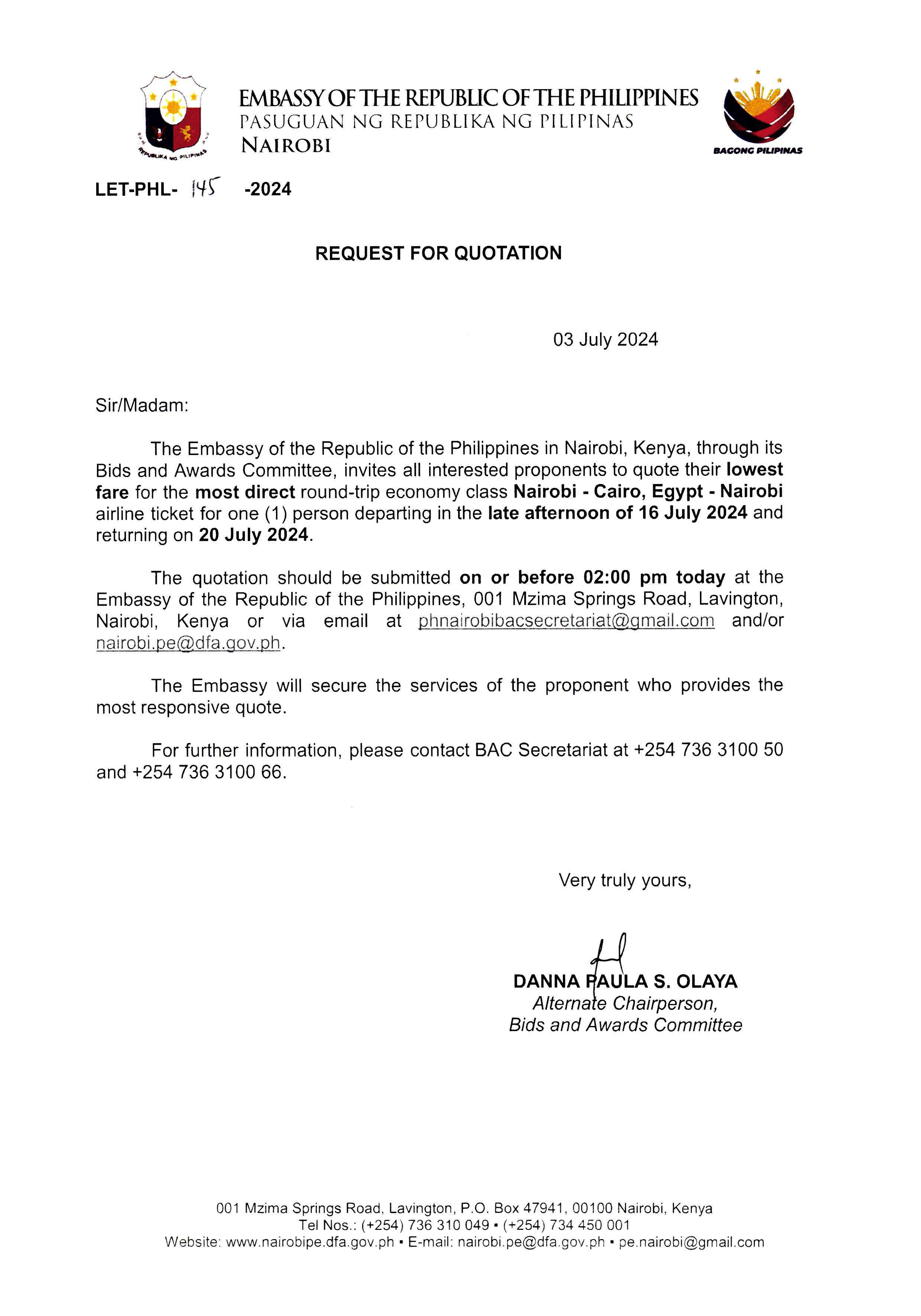 LET PHL 145 2024 BAC Request for Quotation Round trip Tickets Nairobi CairoEgypt Nairobi 16 to 20 July 2024