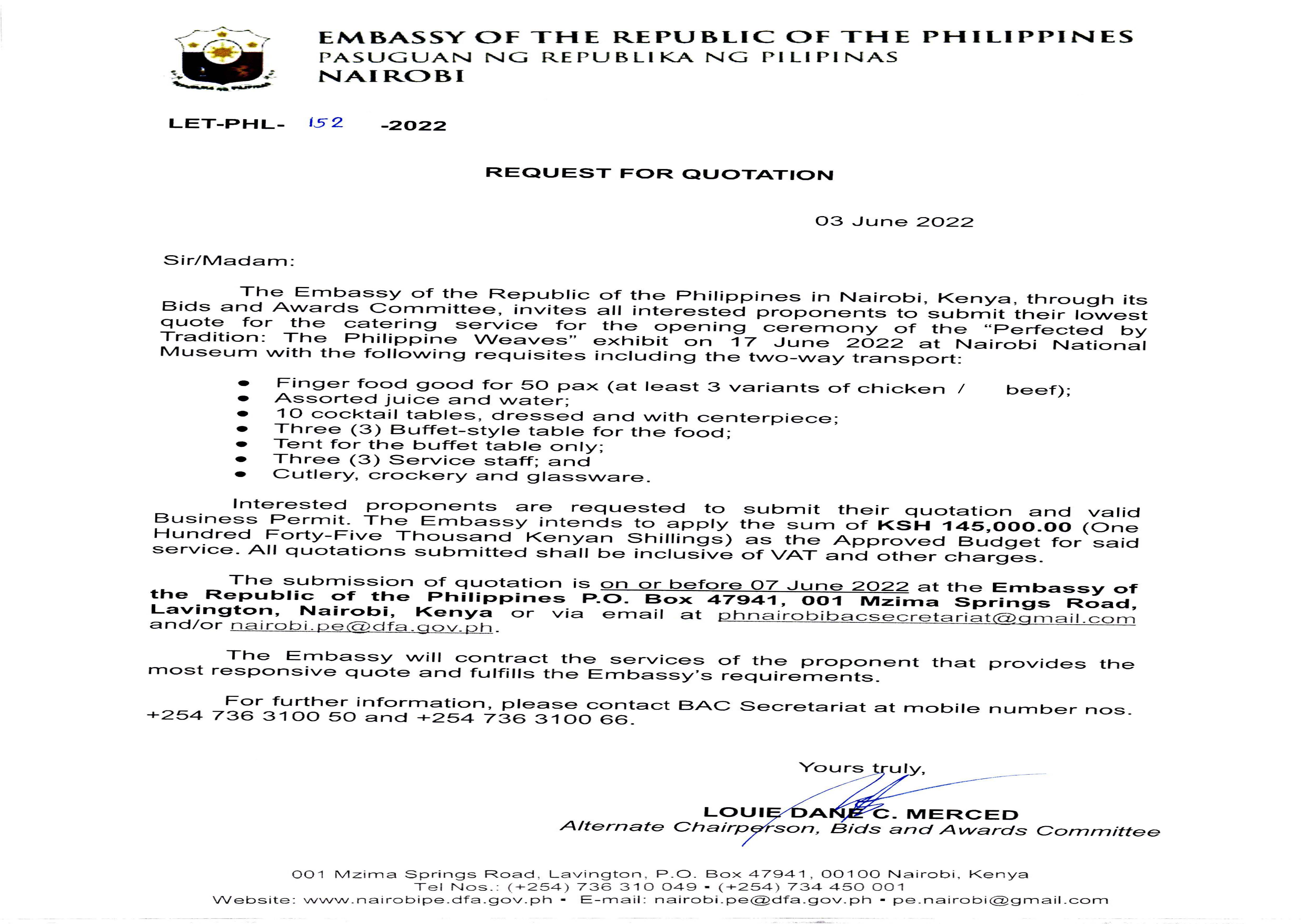 LET PHL 152 2022 BAC Request for Quotation Catering Service for PH Exhibition PERFECTED BY TRADITION The Philippine Weaves