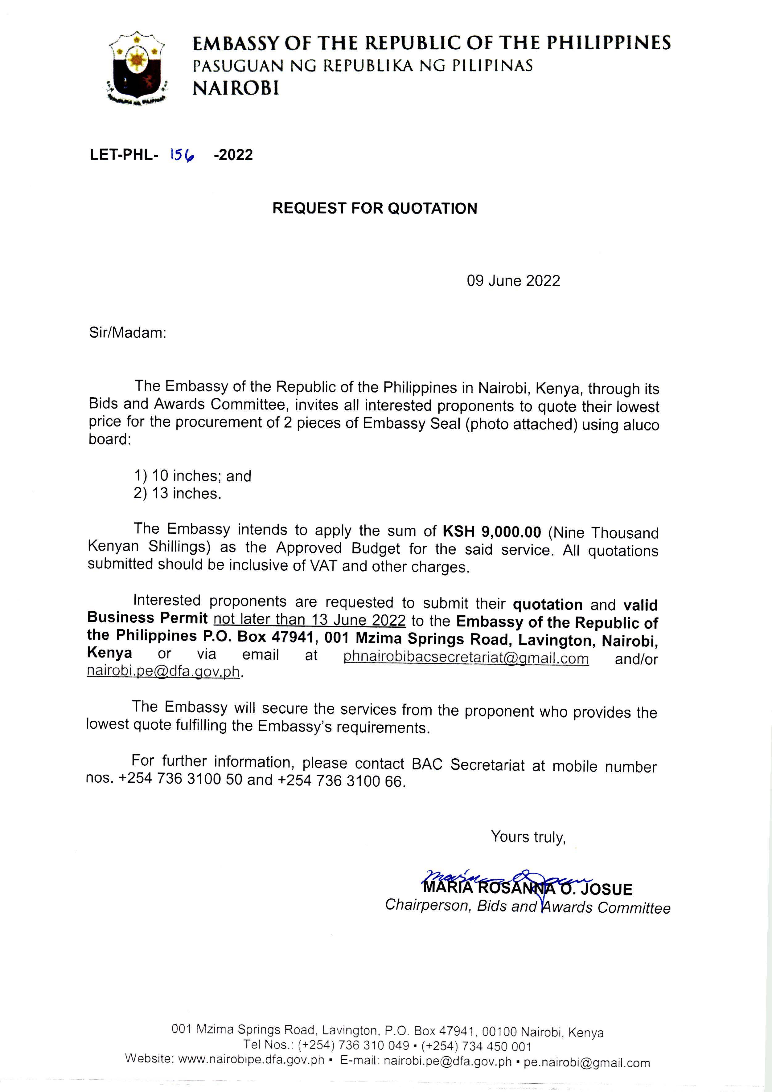 LET PHL 156 2022 BAC Request for Quotation Embassy Seal Page 1