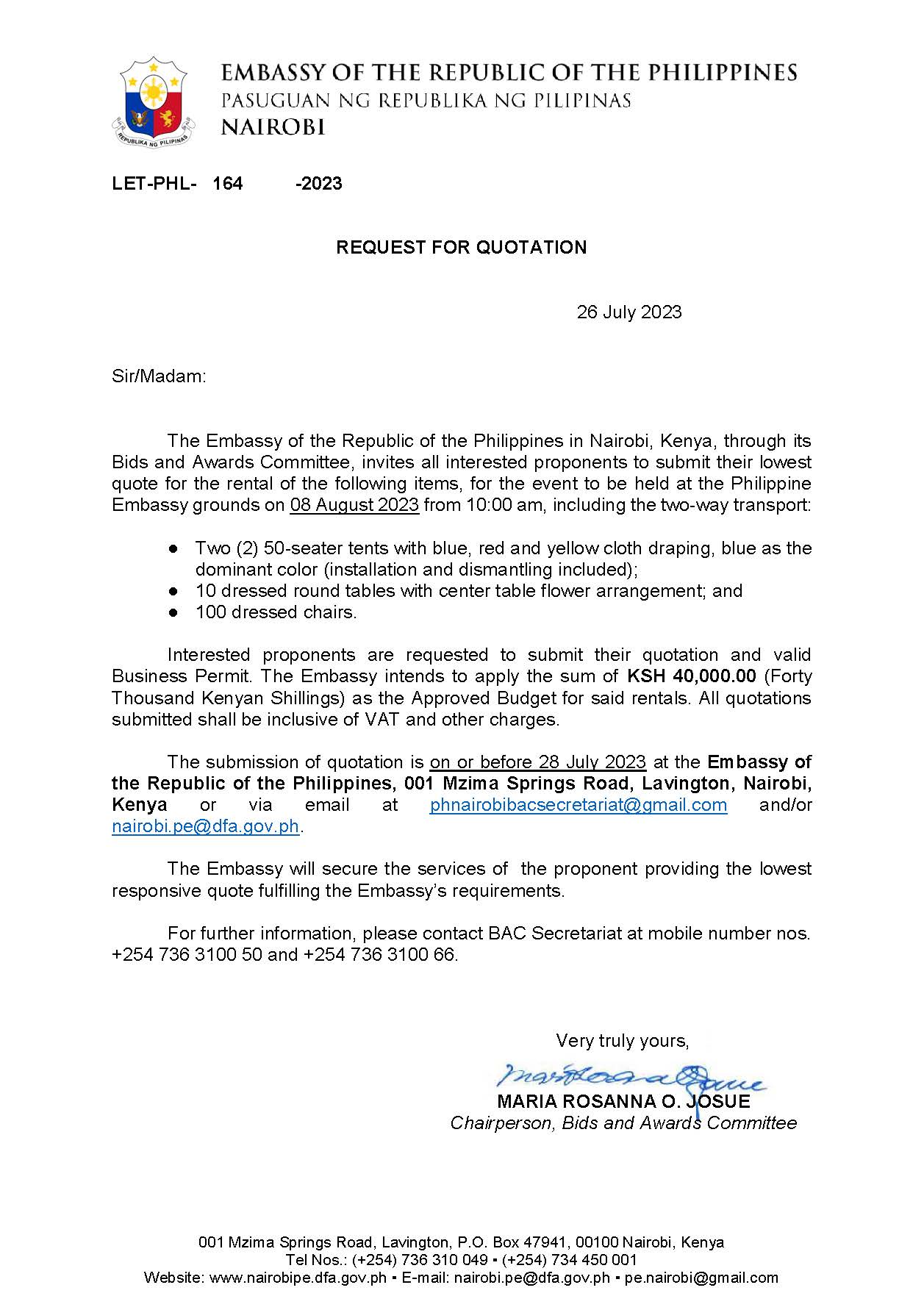 LET PHL 164 2023 BAC Request for Quotation Rental for ASEAN Day 8 Aug 2023