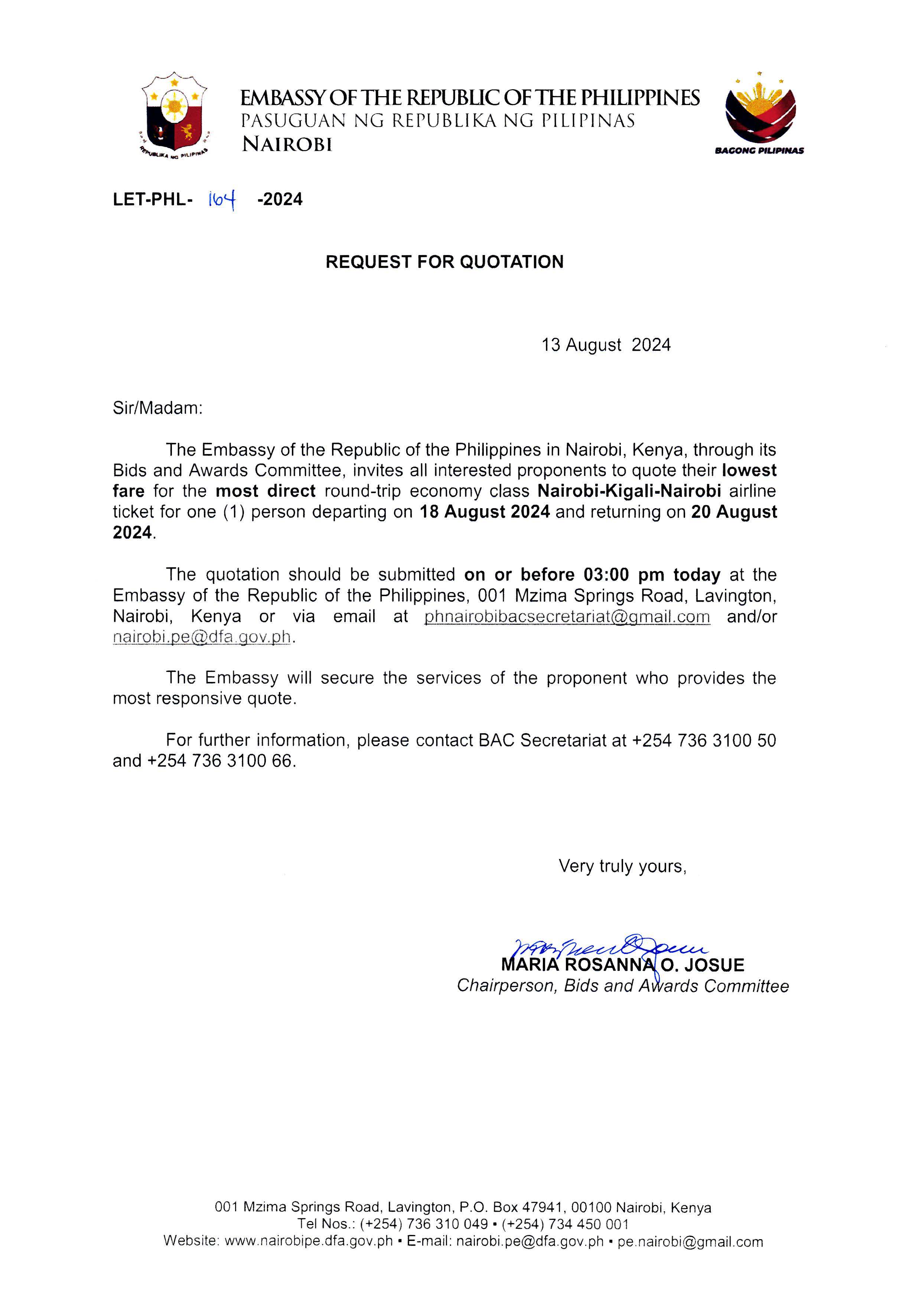 LET PHL 164 2024 BAC Request for Quotation Round trip Tickets Nairobi Kigali Nairobi 18 20 Aug 2024