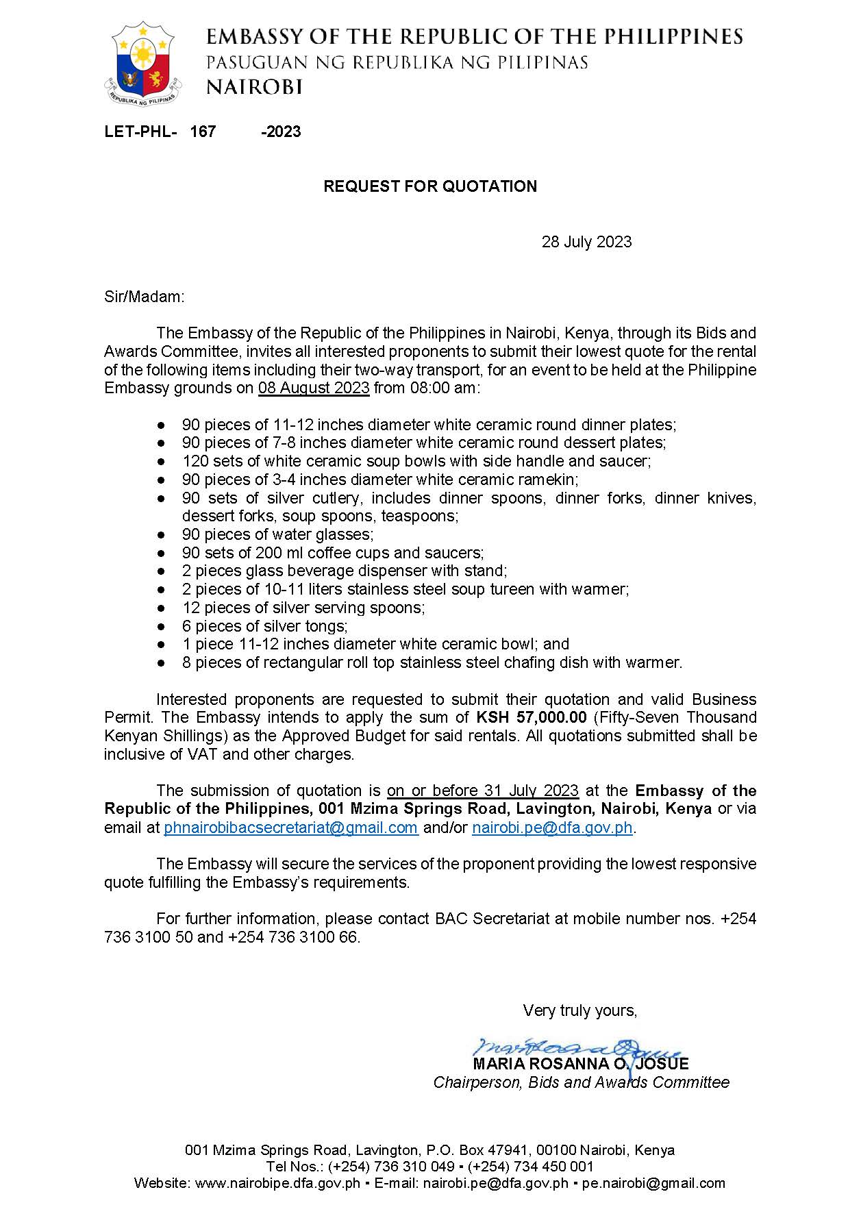 LET PHL 167 2023 BAC Request for Quotation Rental of Dishware and Cutlery for ASEAN Day 2023 8 Aug 2023