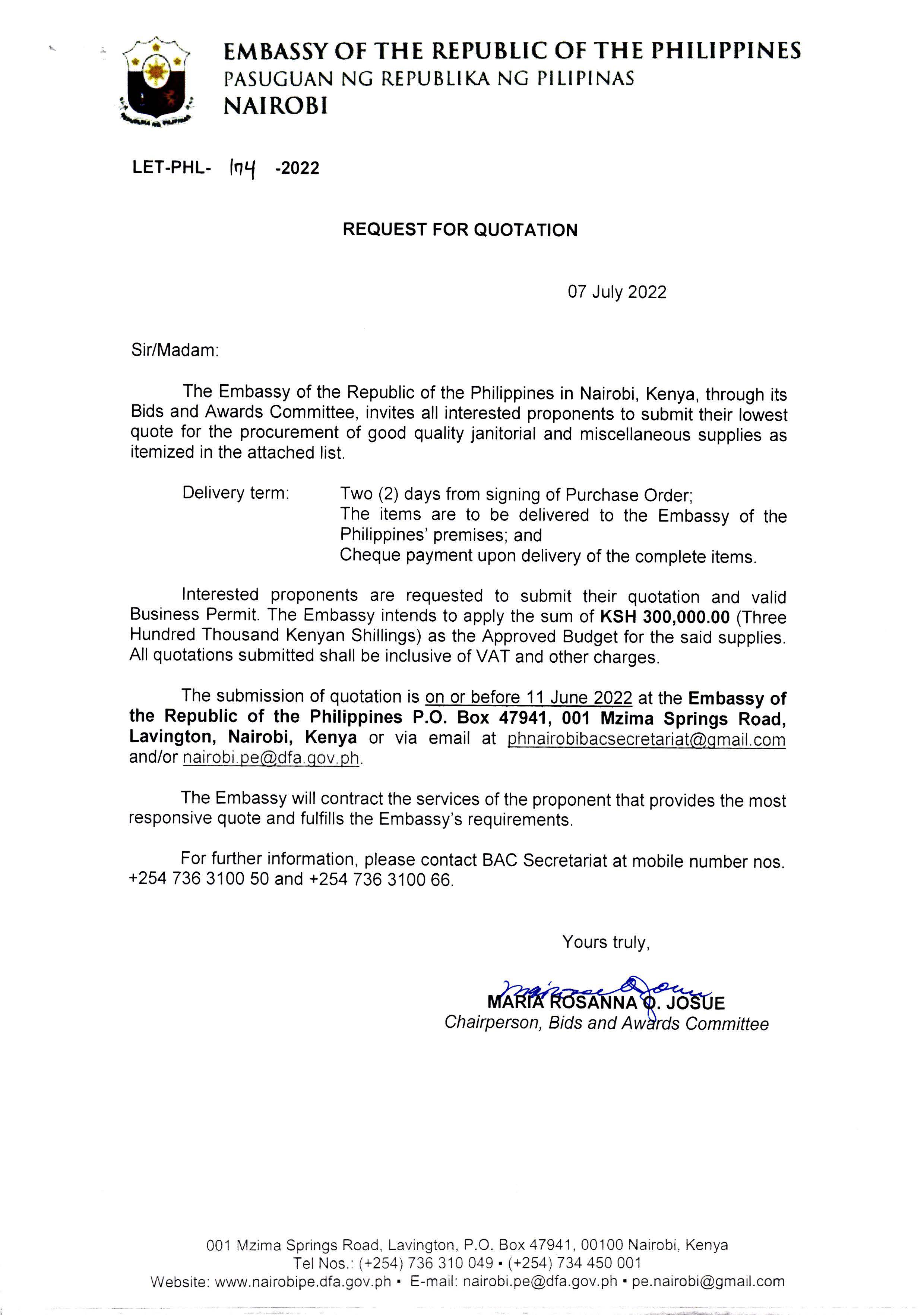 LET PHL 174 2022 BAC Request for Quotation Janitorial and Miscellaneous Supplies Page 1