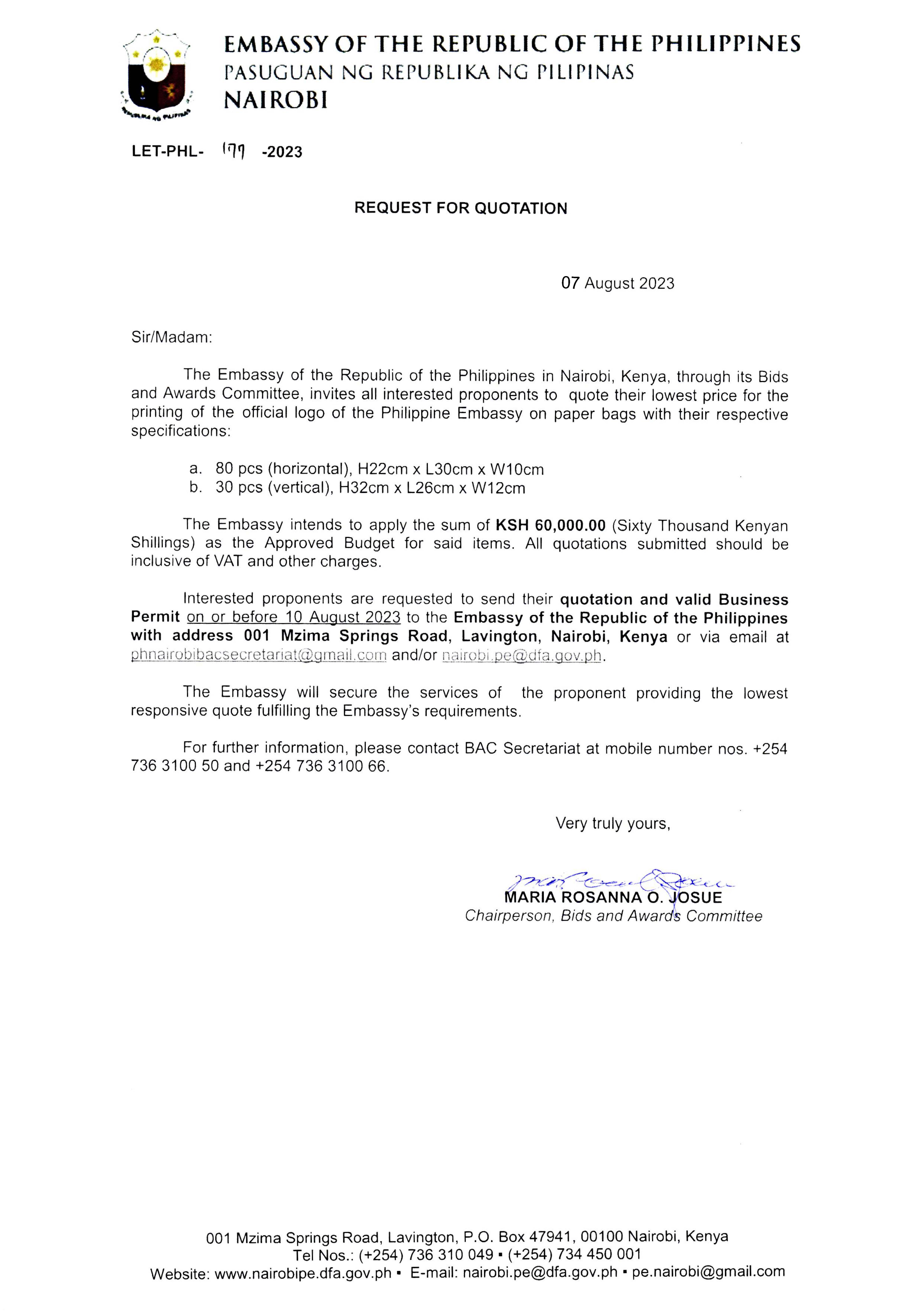 LET PHL 177 2023 BAC Request for Quotation Printing of Paper Bags