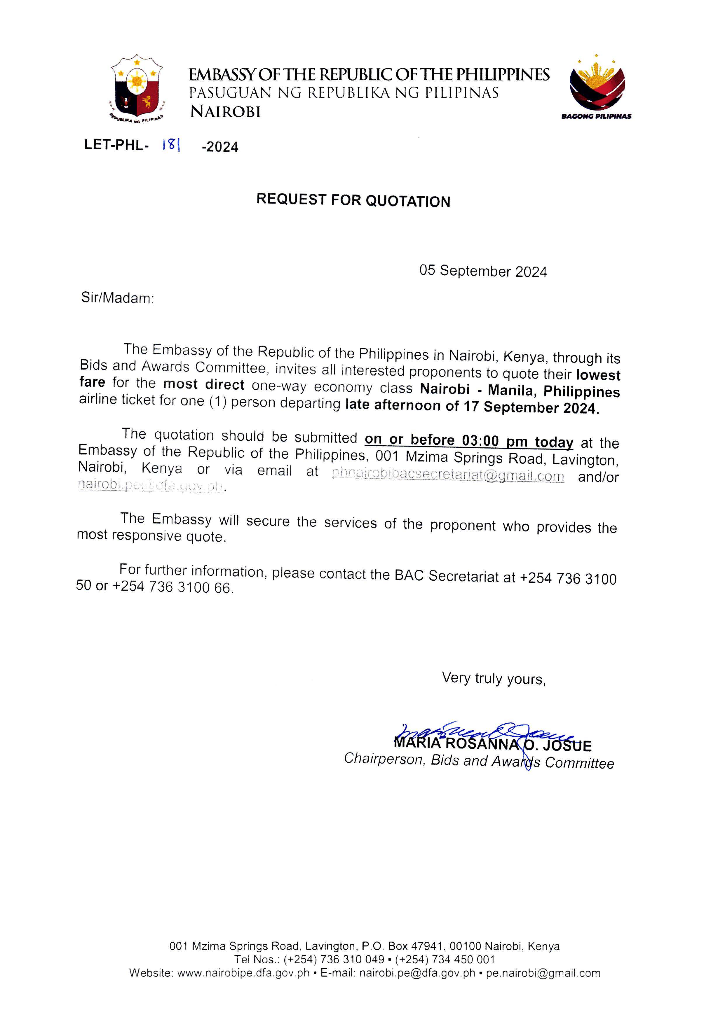 LET PHL 181 2024 BAC Request for Quotation One way Airfare Ticket Nairobi Manila 17 September 2024