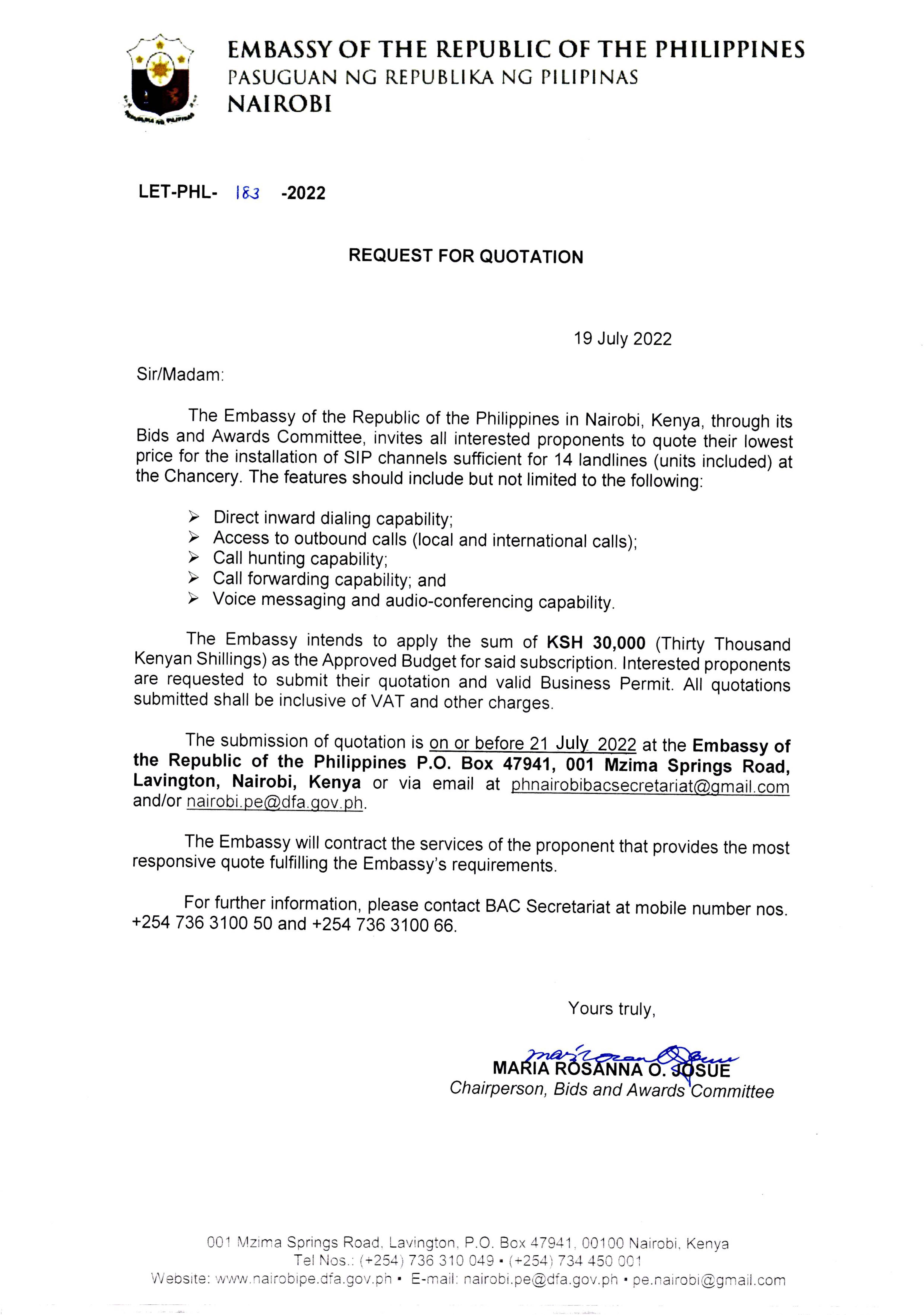 LET PHL 183 2022 BAC Request for Quotation Installation of SIP Channels
