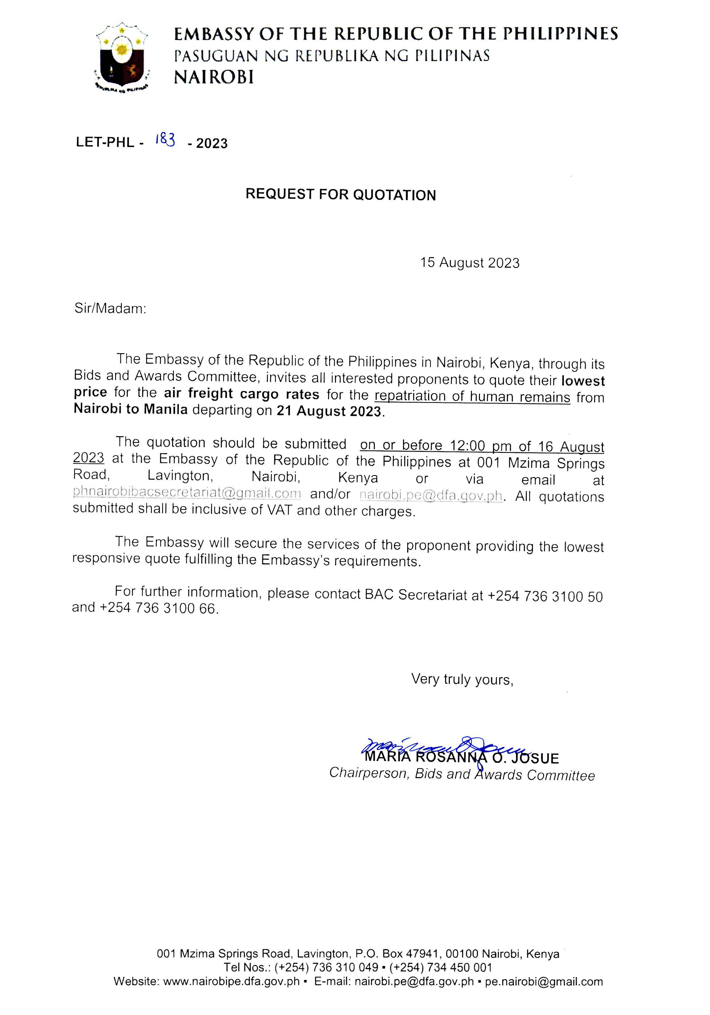 LET PHL 183 2023 BAC Request for Quotation Air Freight Caro Rates for Repatration of Remans Nairobi Manila 21 Aug 2023