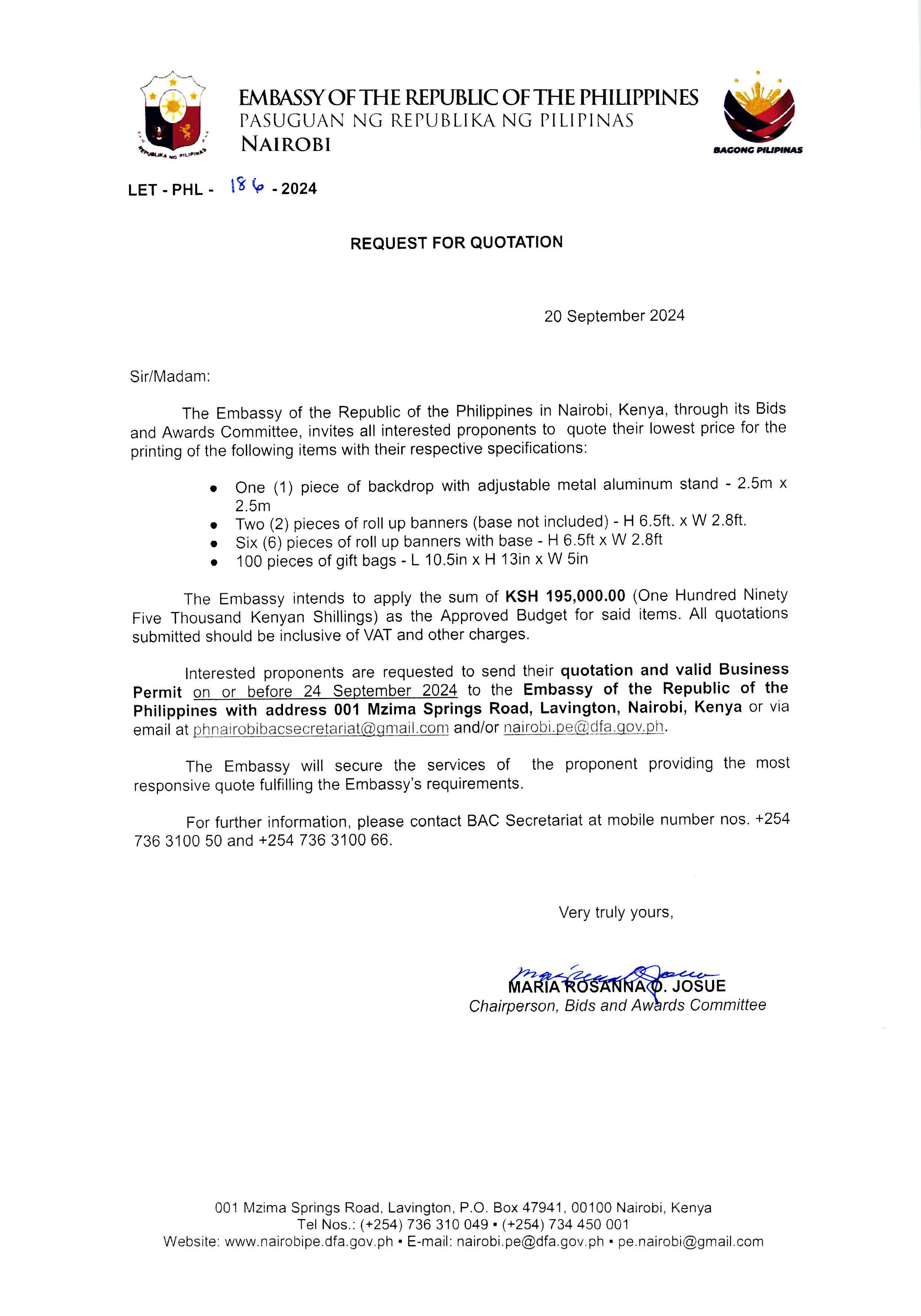LET PHL 186 2024 BAC Request for Quotation Printing of Banners backdrop gift bags