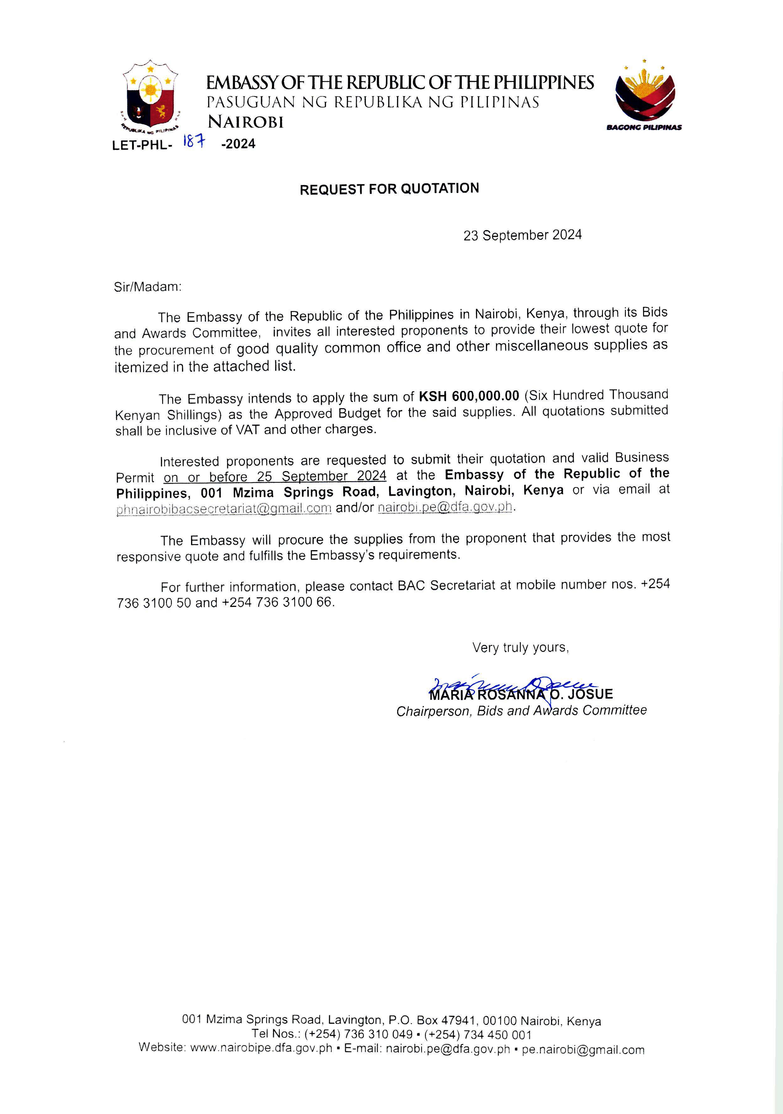 LET PHL 187 2024 BAC Request for Quotation. Common office and other miscellaneous supplies Page 1