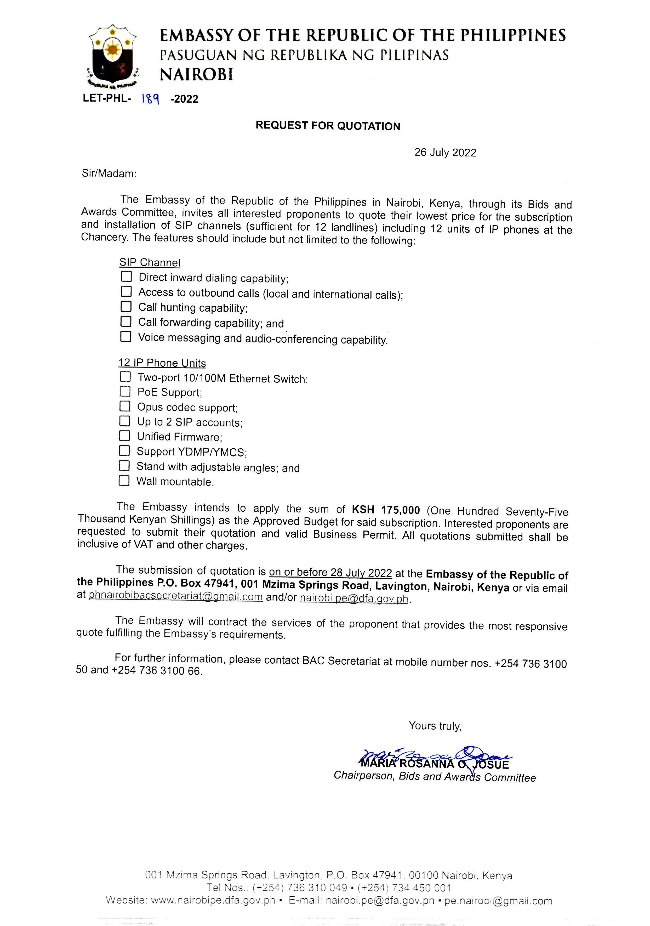 LET PHL 189 2022 BAC Request for Quotation Subscription and Installation of SIP channels with 12 units of IP phones
