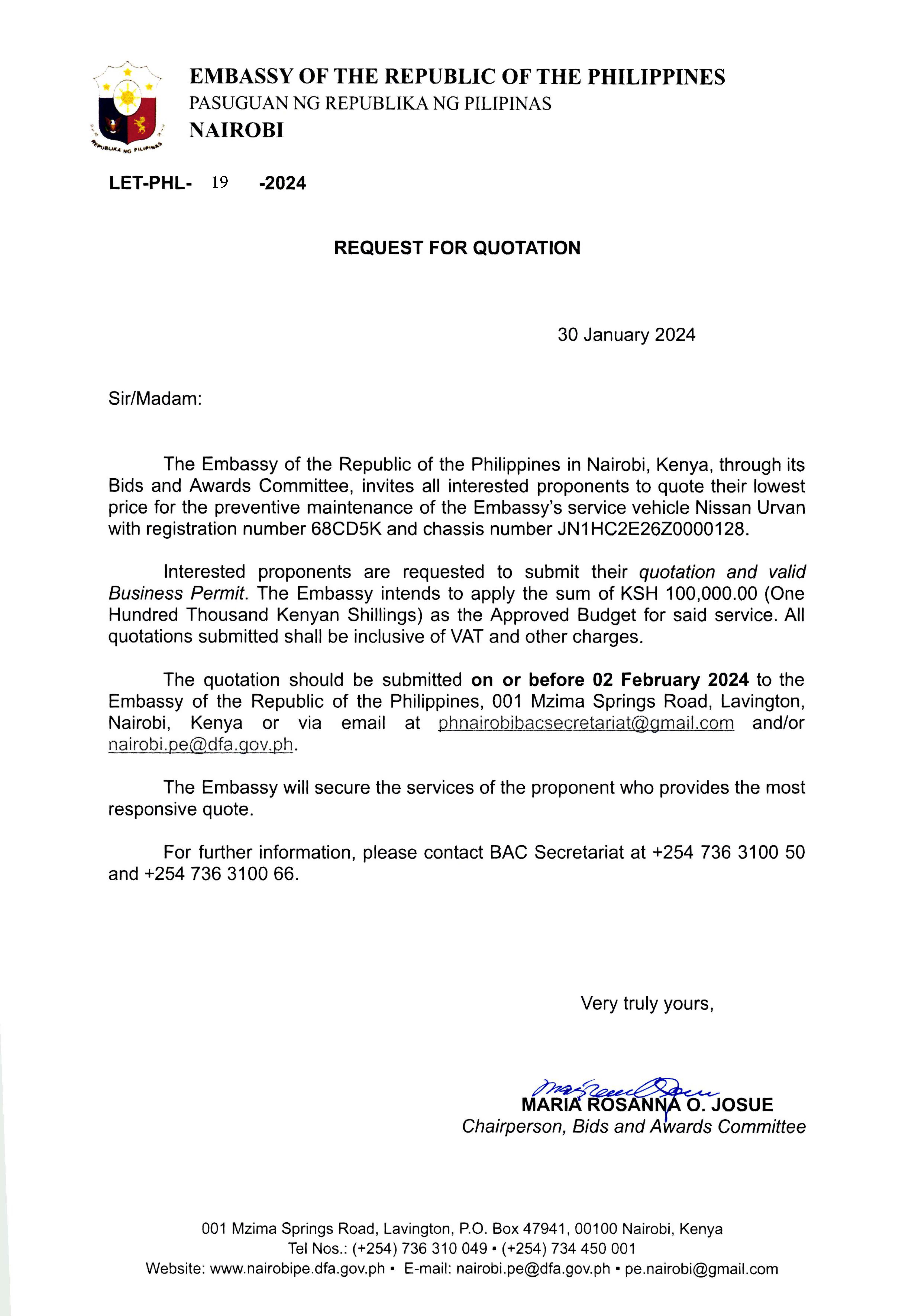LET PHL 19 2024 BAC Request for Quotation Preventive Maintenance of the Embassys service vehicle Nissan Urvan 68CD5K