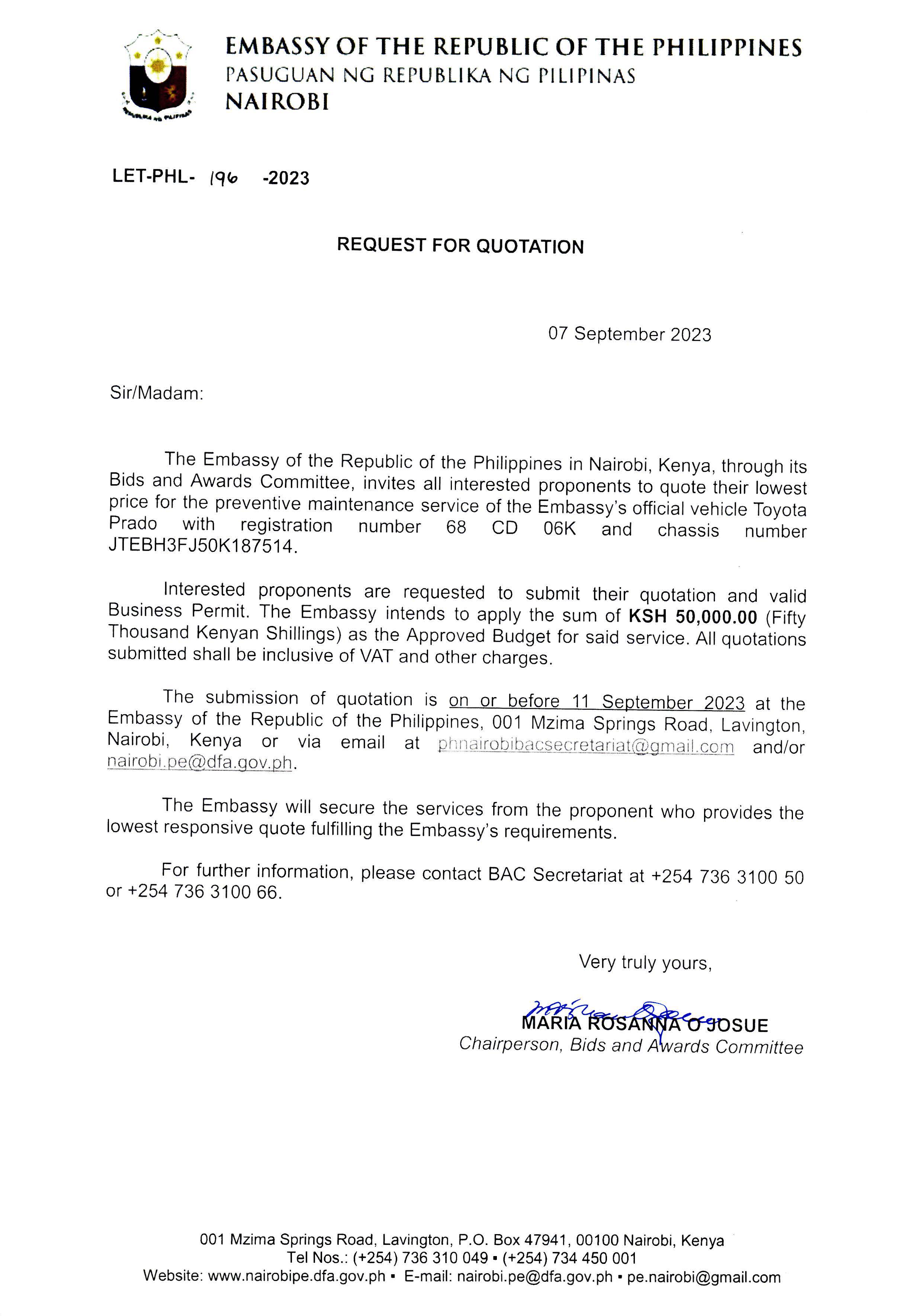LET PHL 196 2023 BAC Request for Quotation Preventive Maintenance Service of the Embassys Official Vehicle Toyota Prado 68 CD 06K