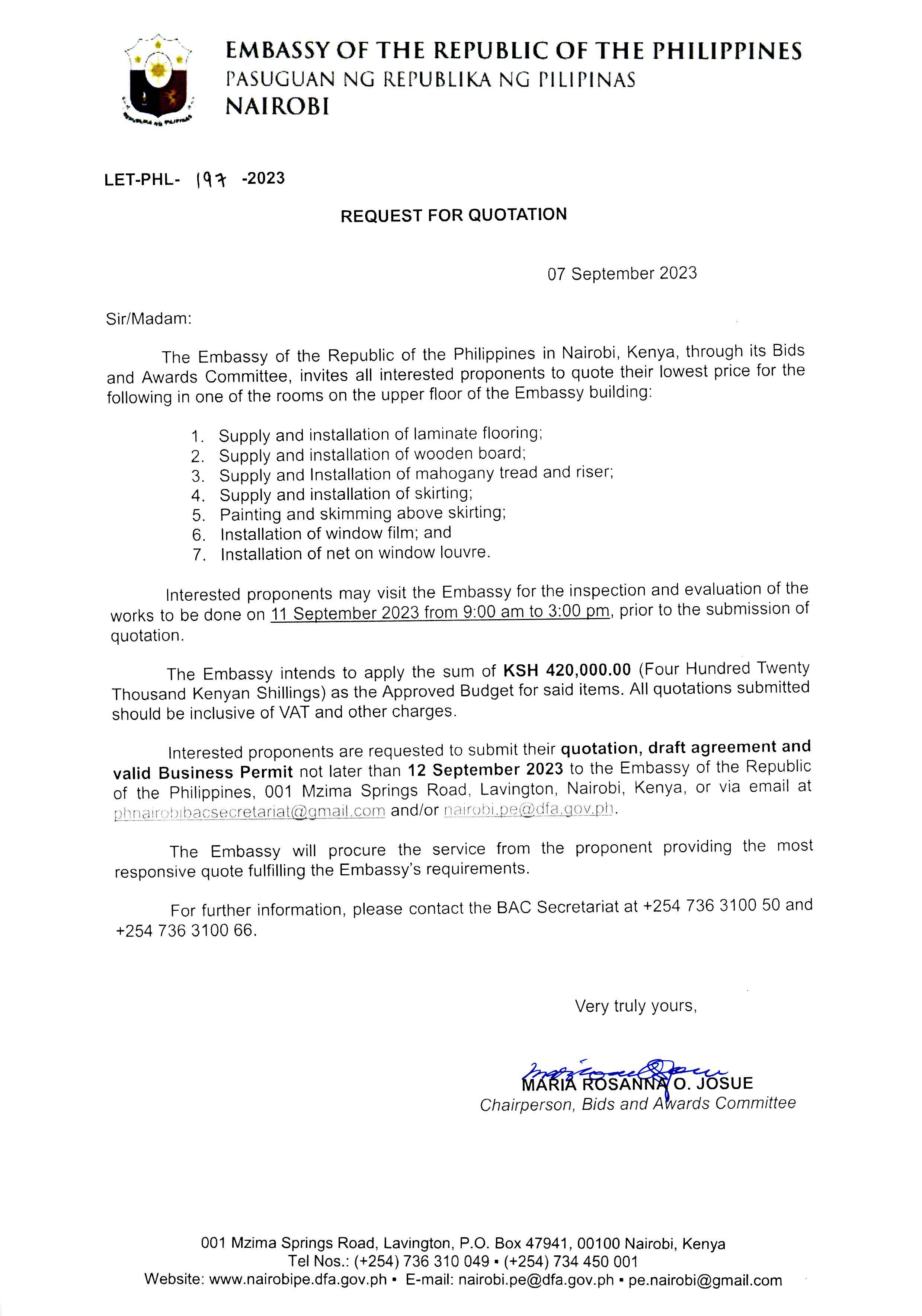 LET PHL 197 2023 BAC Request for Quotation Supply and Installation of fixture Painting and Skimming on One Room of the Embassy