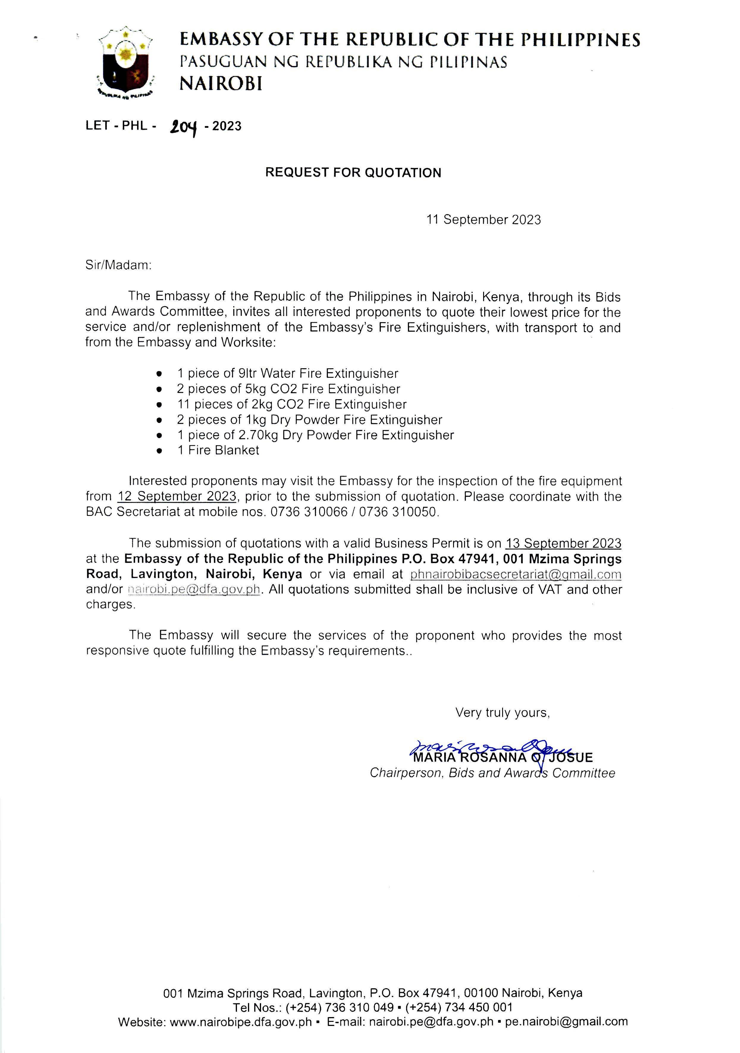 LET PHL 204 2023 BAC Request for Quotation Service and or Replenishment of the Embassys Fire Extinguisher